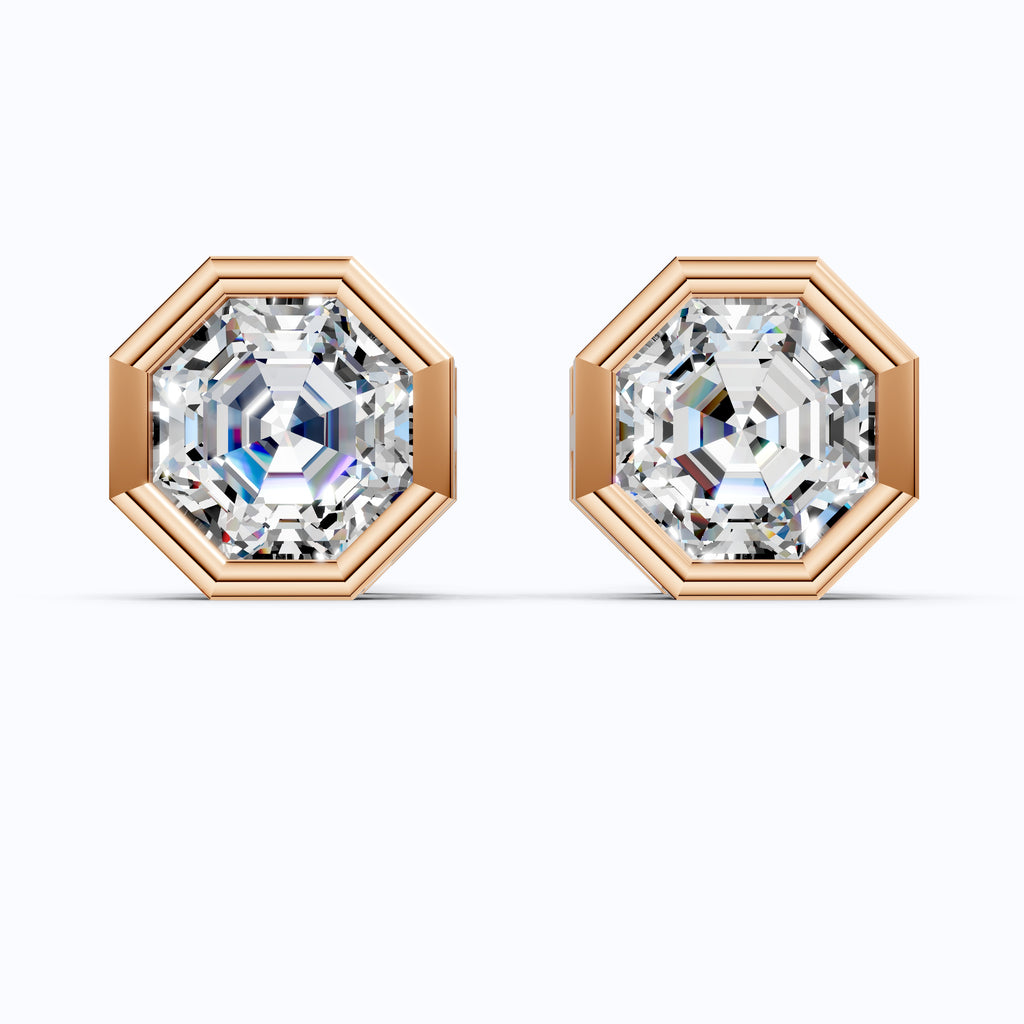 Hexagon Cut Bezel Set Lab Diamond Stud Earrings in 14K Rose Gold, Wedding Gift for Her