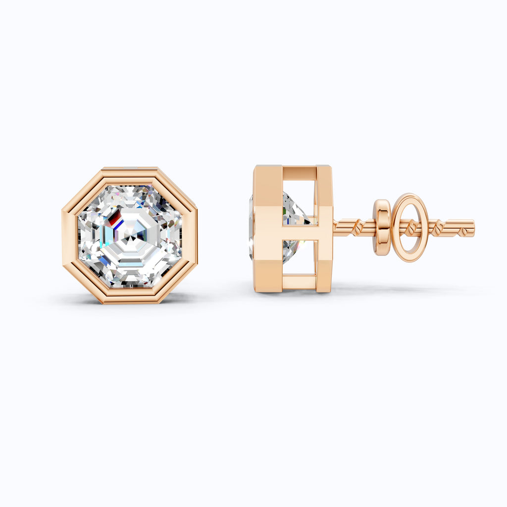 Hexagon Cut Bezel Set Lab Diamond Stud Earrings in 14K Rose Gold, Wedding Gift for Her
