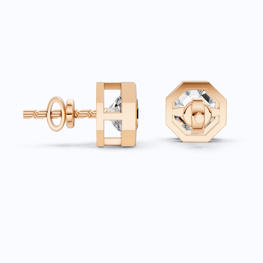 Hexagon Cut Bezel Set Lab Diamond Stud Earrings in 14K Rose Gold, Wedding Gift for Her