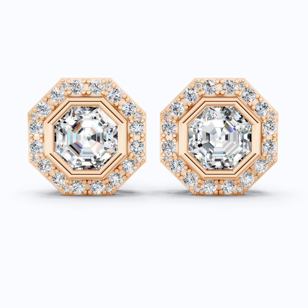 Art Deco Halo Wedding Stud Earrings in 14k Solid Gold, 2.00 TCW Octagon Cut Lab Grown Diamonds, Bridal Jewelry