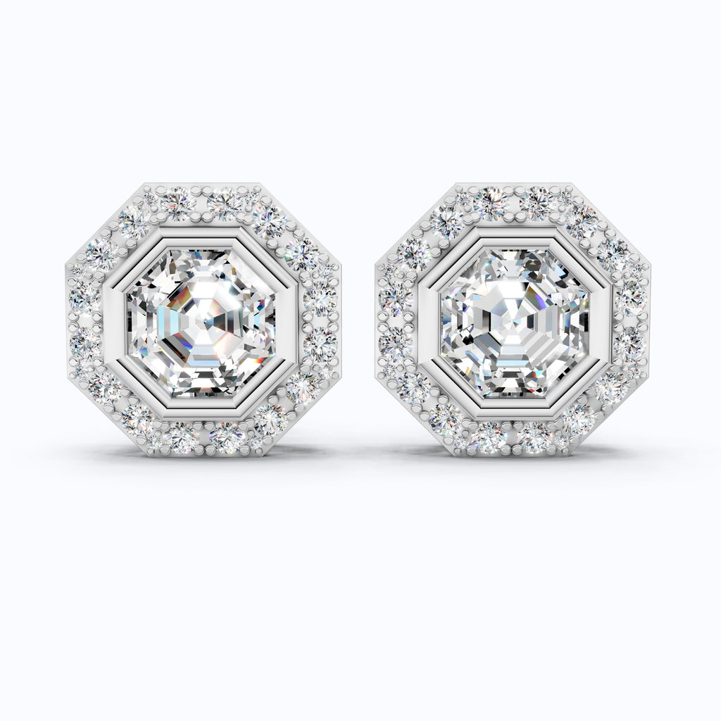 Art Deco Halo Wedding Stud Earrings in 14k Solid Gold, 2.00 TCW Octagon Cut Lab Grown Diamonds, Bridal Jewelry
