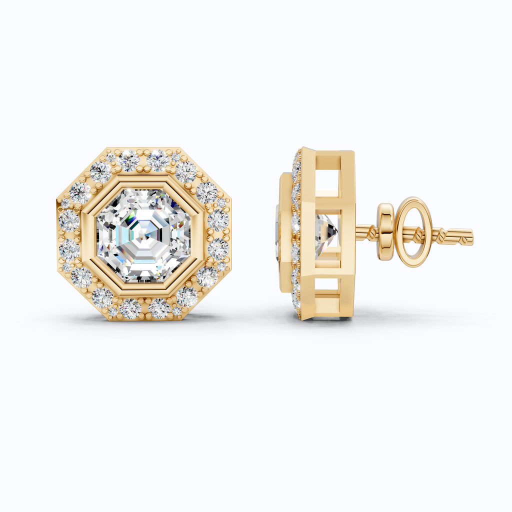 Art Deco Halo Wedding Stud Earrings in 14k Solid Gold, 2.00 TCW Octagon Cut Lab Grown Diamonds, Bridal Jewelry