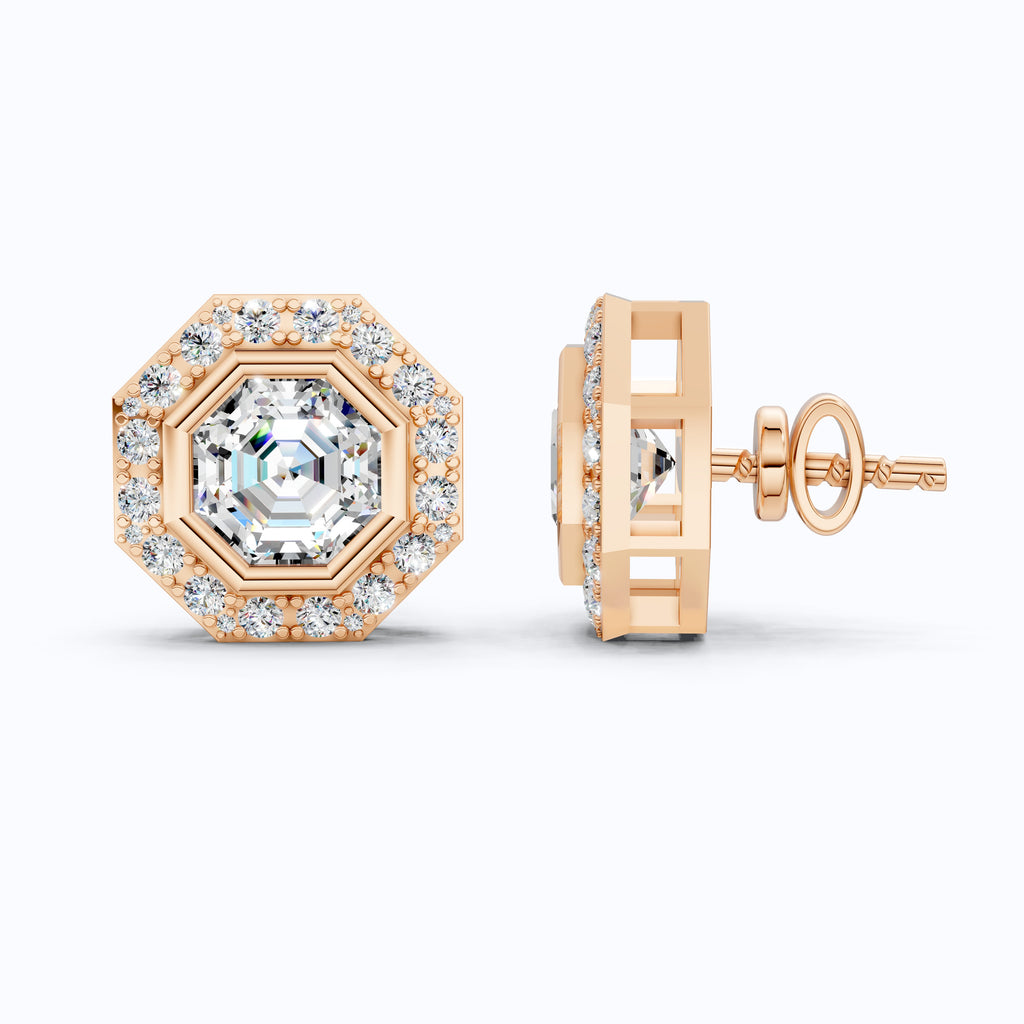 Art Deco Halo Wedding Stud Earrings in 14k Solid Gold, 2.00 TCW Octagon Cut Lab Grown Diamonds, Bridal Jewelry
