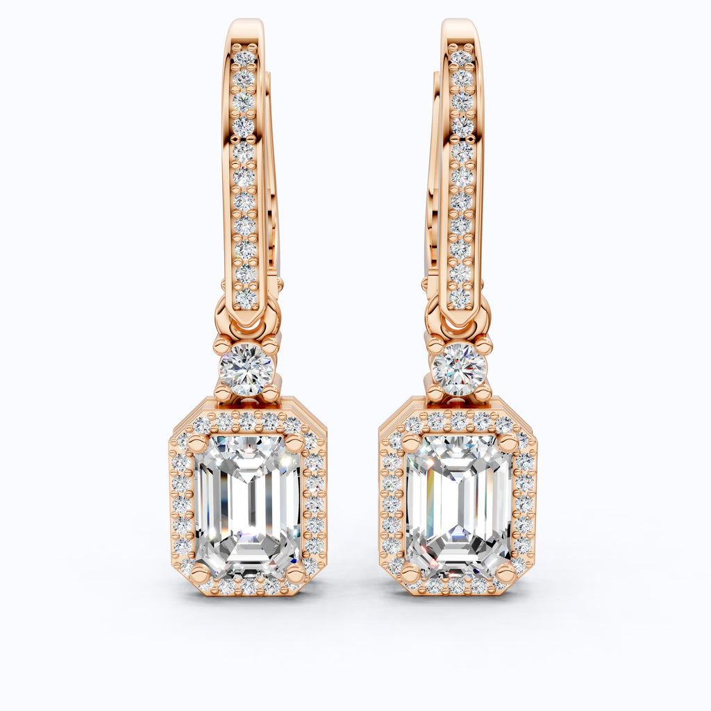 14k Solid Gold Vintage Style Emerald-Cut Halo-Set Lab Grown Diamond Wedding Earrings, Bridal Jewelry, Perfect Gift for Her, Latch Back Closure
