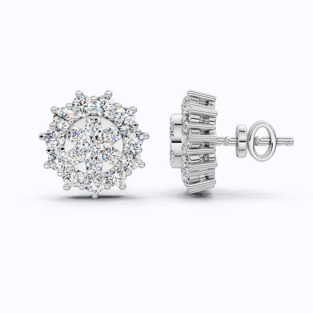 Charming Round Halo Cluster Lab Diamond Stud Earrings in 14k Gold, Bridal Jewelry for Women, Handmade Jewelry
