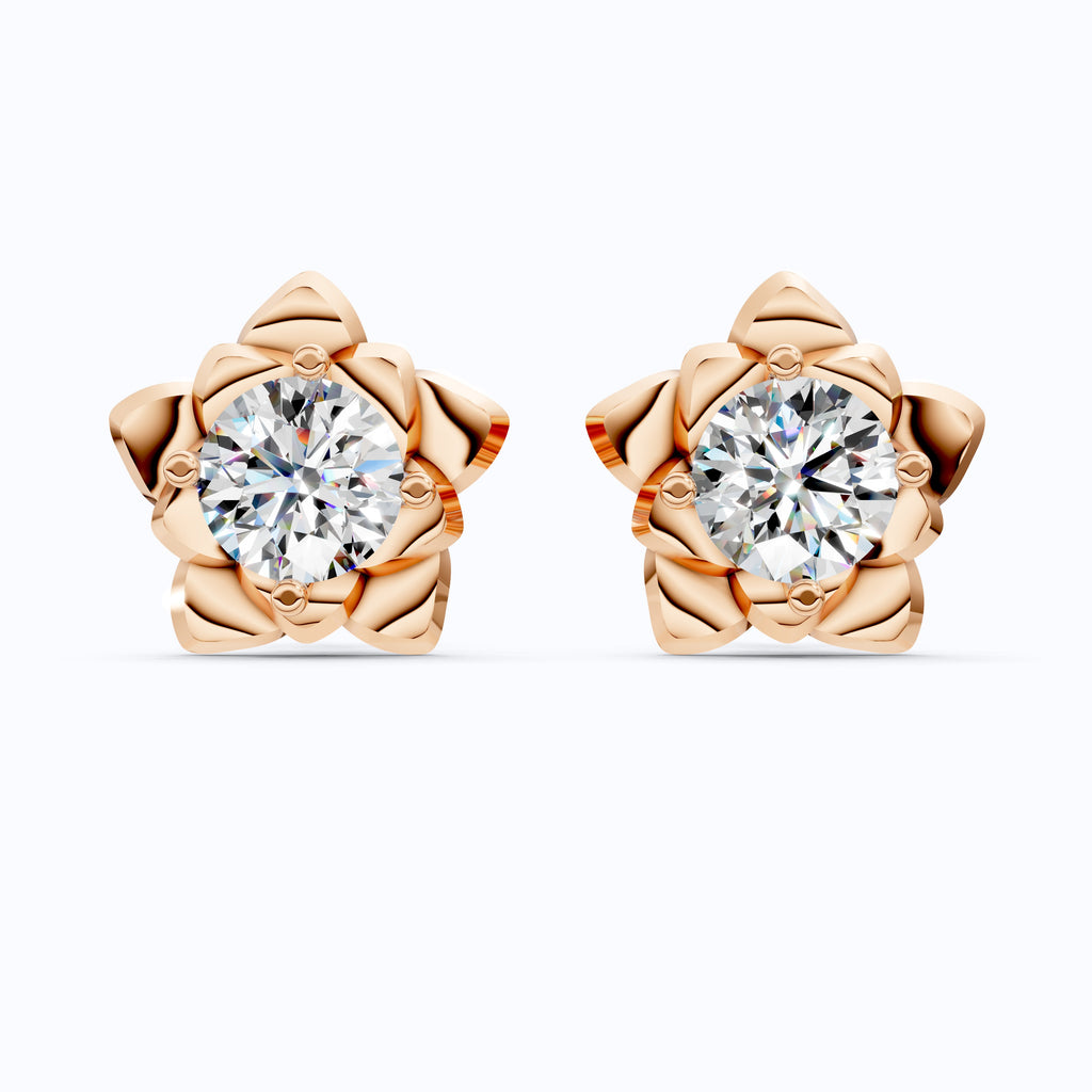 Elegant Floral Stud Earrings in 14K Yellow Gold, Gift for Wife, Handmade Jewelry, Flower Shaped Solitaire Earrings