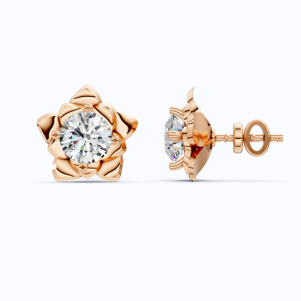 Elegant Floral Stud Earrings in 14K Yellow Gold, Gift for Wife, Handmade Jewelry, Flower Shaped Solitaire Earrings