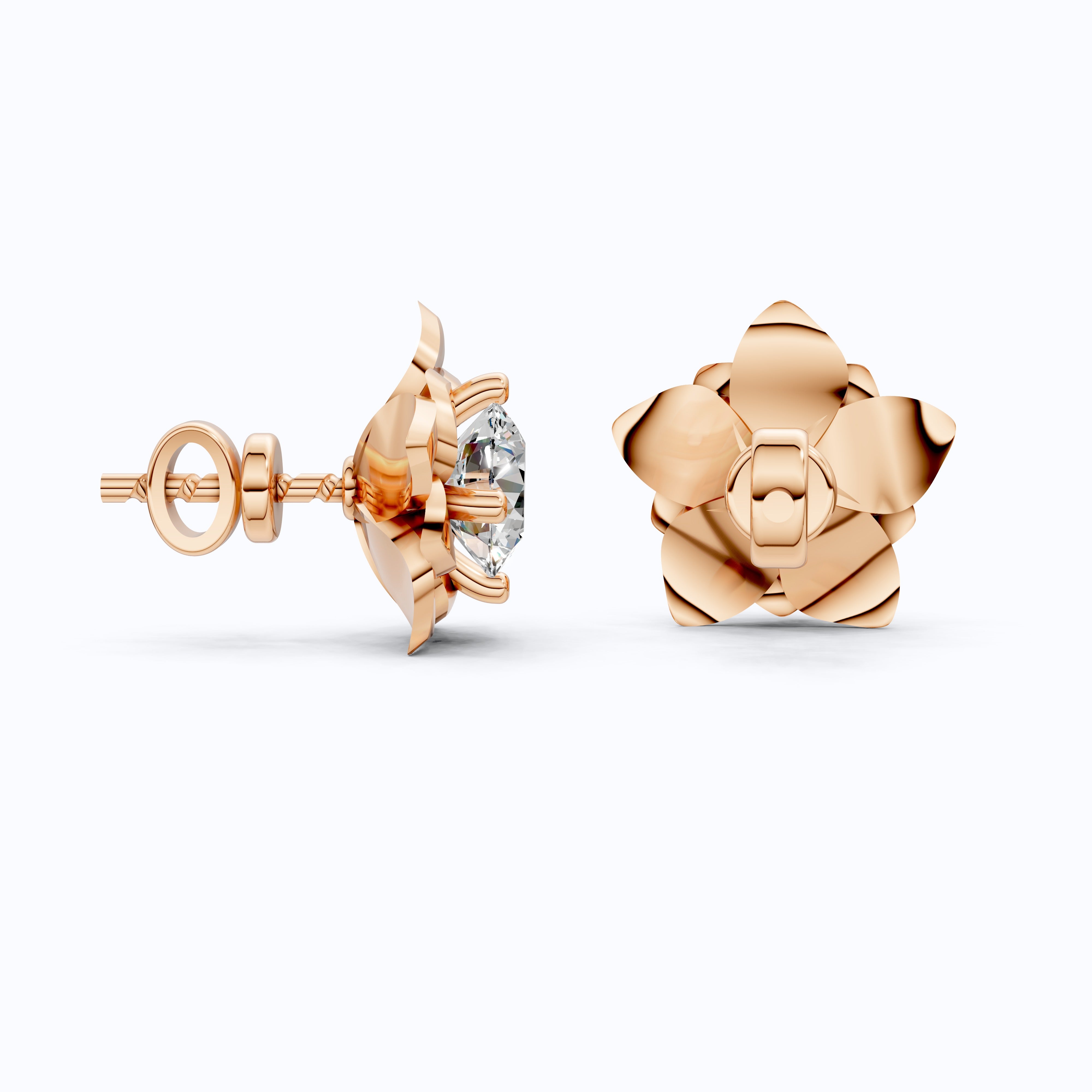 Elegant Floral Stud Earrings in 14K Yellow Gold, Gift for Wife, Handmade Jewelry, Flower Shaped Solitaire Earrings