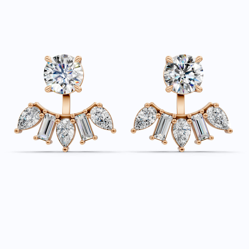 Art Deco Sunburst Ear Jacket Weddings in Lab Diamond – 14k Solid Gold, Cluster Fan Ear Jacket Earrings, Handmade Bridal Jewelry