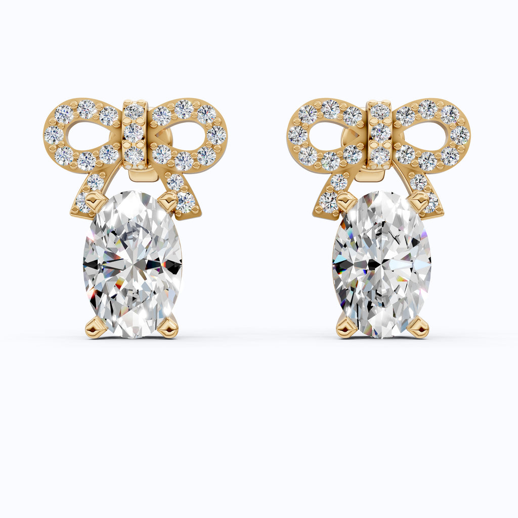 Luxury Ribbon Bow Pavé Oval Stud Earrings in Lab Grown Diamond-14k Solid Gold, Handmade Jewelry for Women, Everyday Jewelry