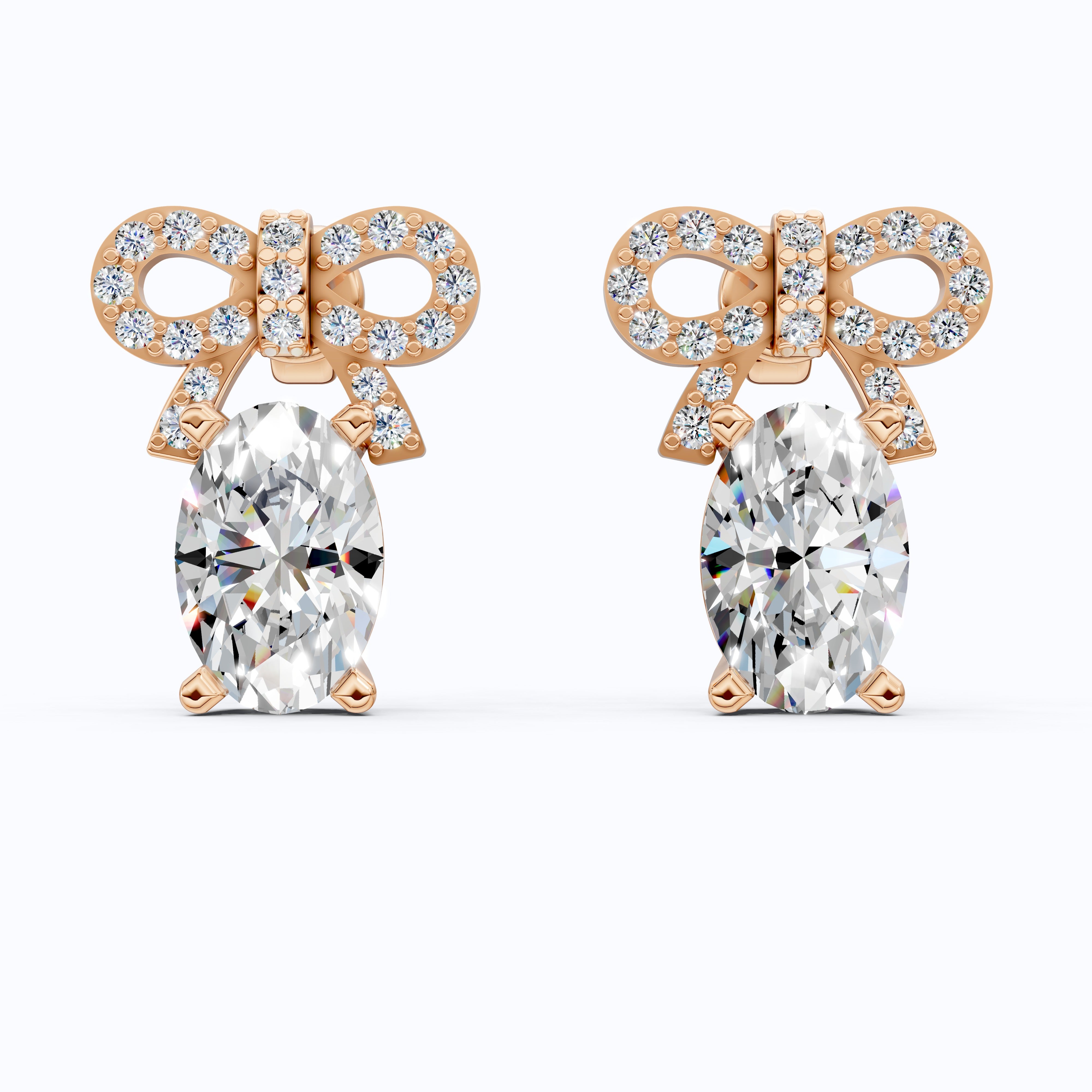 Luxury Ribbon Bow Pavé Oval Stud Earrings in Lab Grown Diamond-14k Solid Gold, Handmade Jewelry for Women, Everyday Jewelry