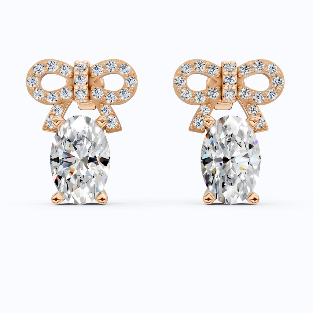 Luxury Ribbon Bow Pavé Oval Stud Earrings in Lab Grown Diamond-14k Solid Gold, Handmade Jewelry for Women, Everyday Jewelry