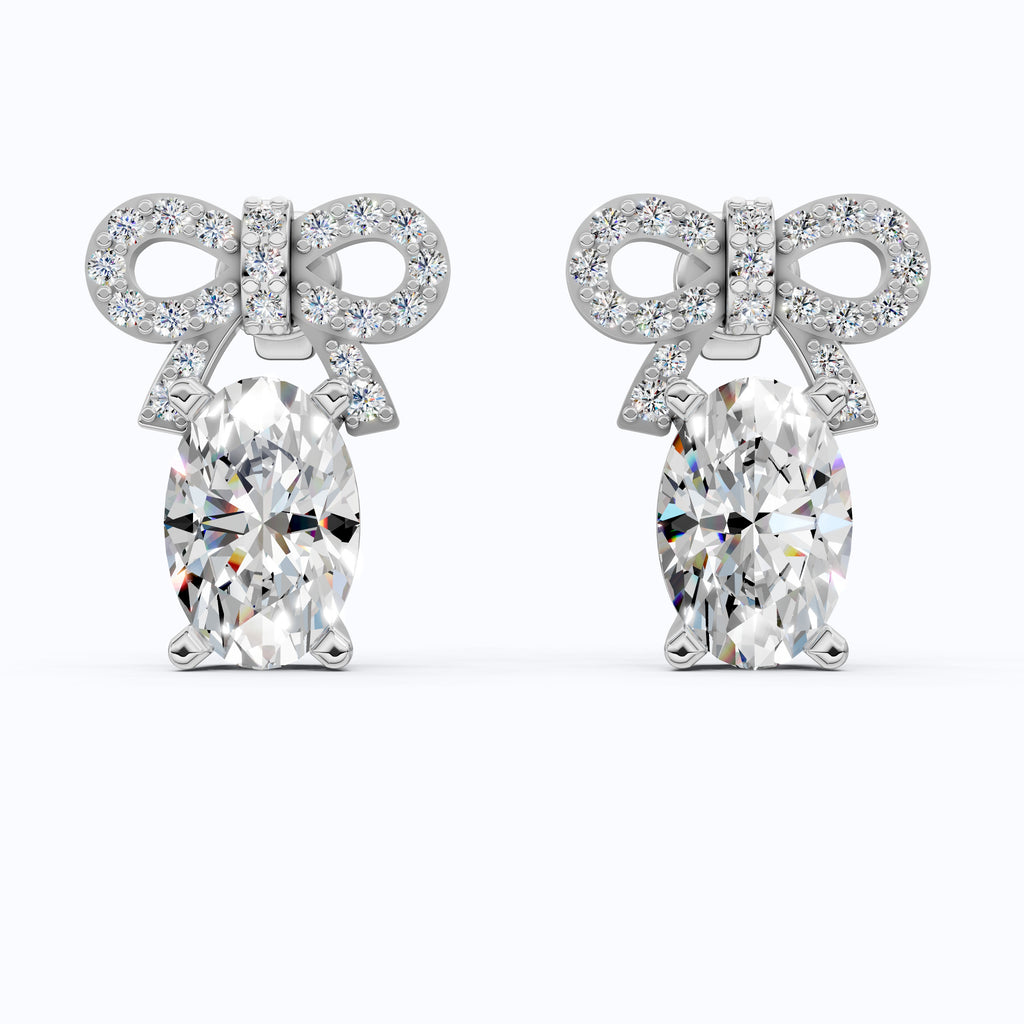 Luxury Ribbon Bow Pavé Oval Stud Earrings in Lab Grown Diamond-14k Solid Gold, Handmade Jewelry for Women, Everyday Jewelry