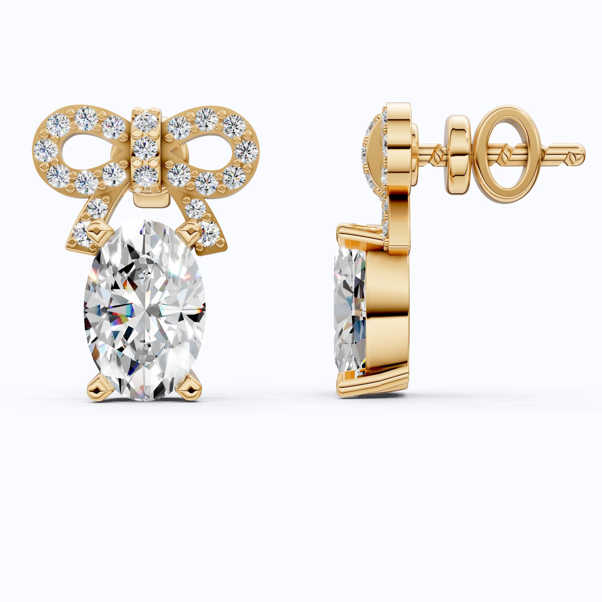 Luxury Ribbon Bow Pavé Oval Stud Earrings in Lab Grown Diamond-14k Solid Gold, Handmade Jewelry for Women, Everyday Jewelry