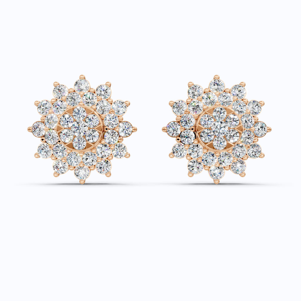 Round Cluster Sunflower Halo Studs Wedding Earrings in Lab Grown Diamond-14k Solid Gold, Bridal Jewelry, Wedding Gift for Women