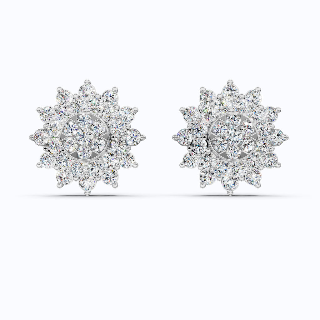 Round Cluster Sunflower Halo Studs Wedding Earrings in Lab Grown Diamond-14k Solid Gold, Bridal Jewelry, Wedding Gift for Women