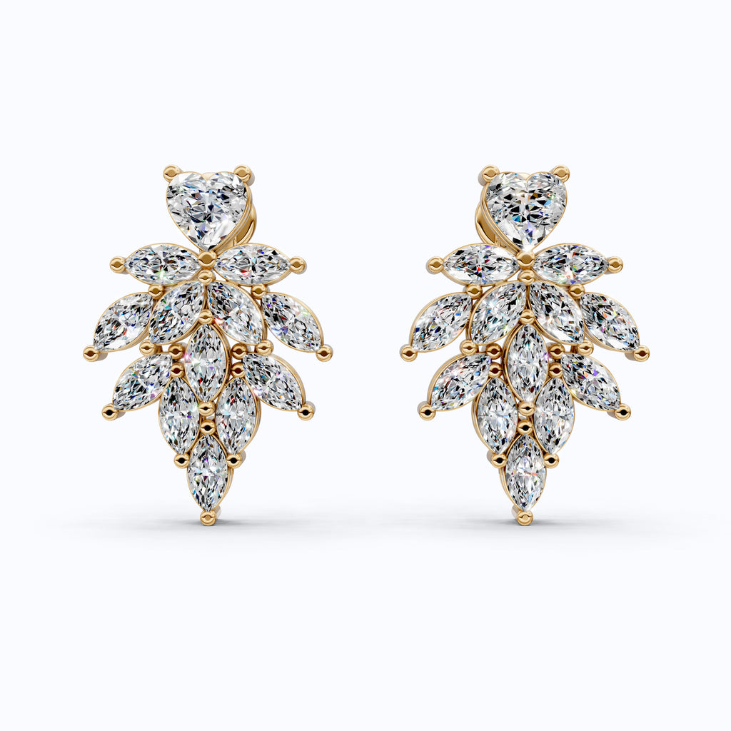 Heart Top Marquise Leaf Cluster TearDrop Wedding Earrings in Lab Grown Diamond 14k Solid Gold, Unique Bridal Jewelry, Anniversary Gift For Women