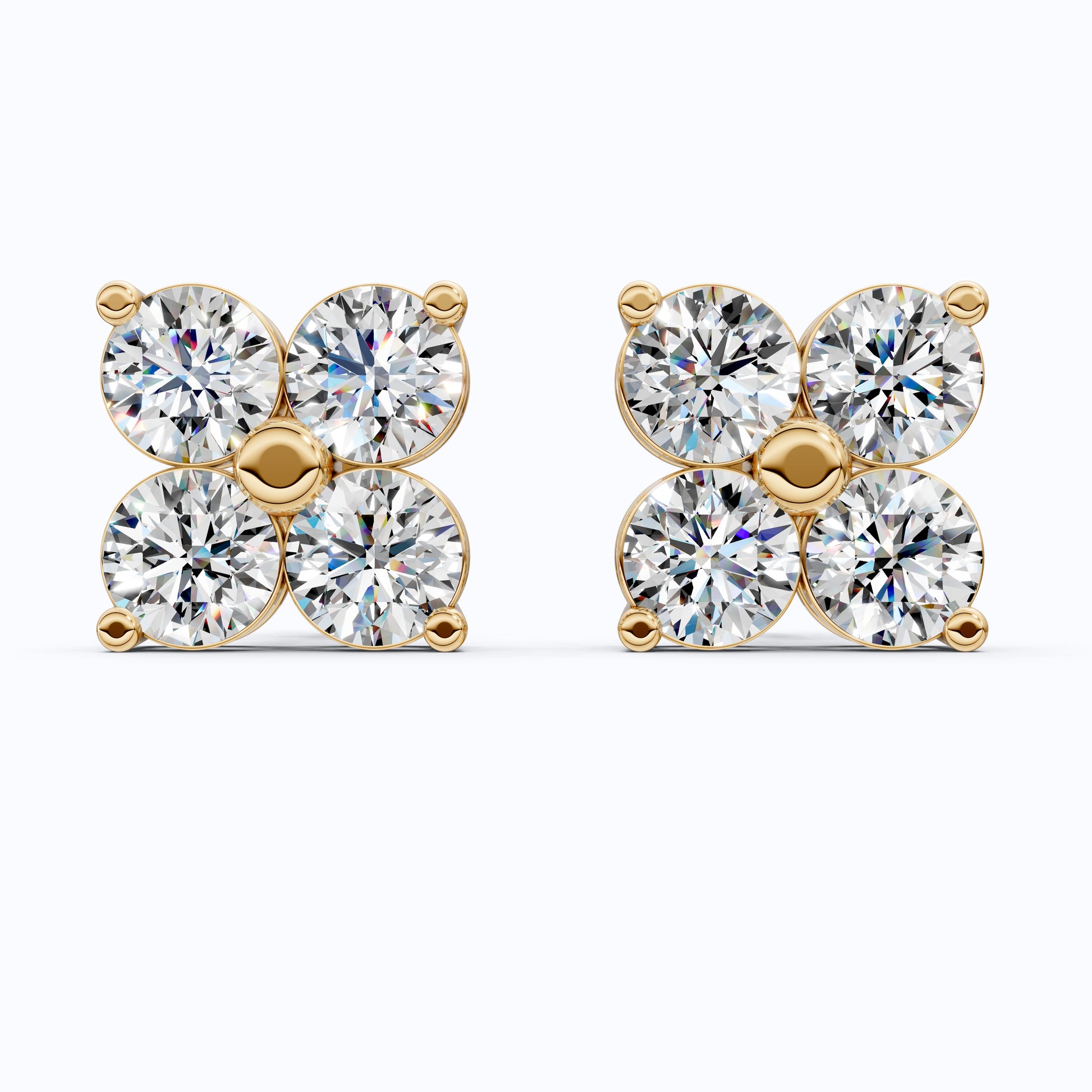 Minimalist Four Stone Floral Cluster Studs Earrings in Lab Diamond-14k Solid Gold, Handmade Bridal Jewelry, Gift For Her
