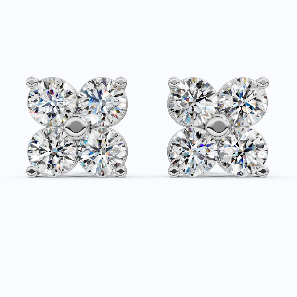 Minimalist Four Stone Floral Cluster Studs Earrings in Lab Diamond-14k Solid Gold, Handmade Bridal Jewelry, Gift For Her