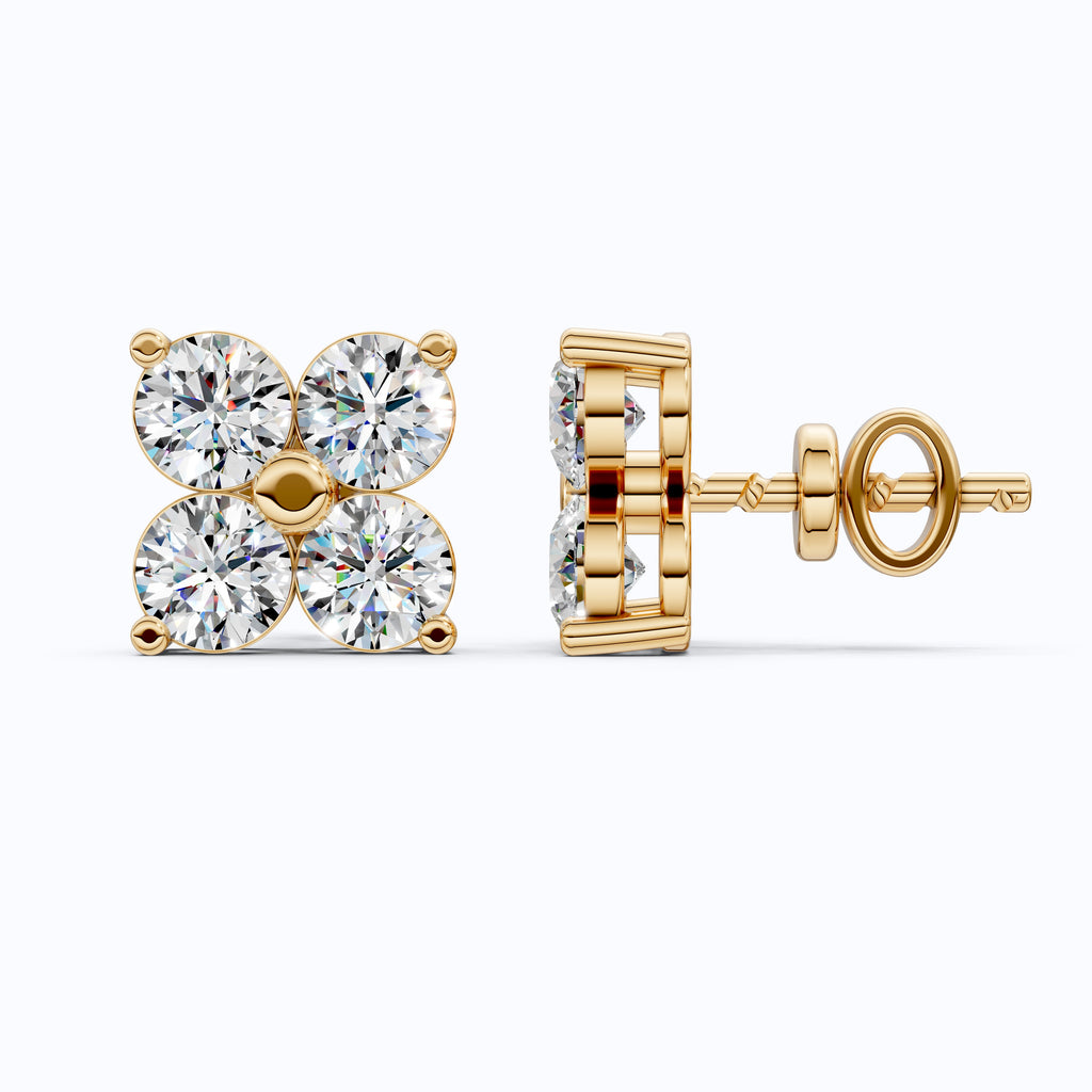 Minimalist Four Stone Floral Cluster Studs Earrings in Lab Diamond-14k Solid Gold, Handmade Bridal Jewelry, Gift For Her