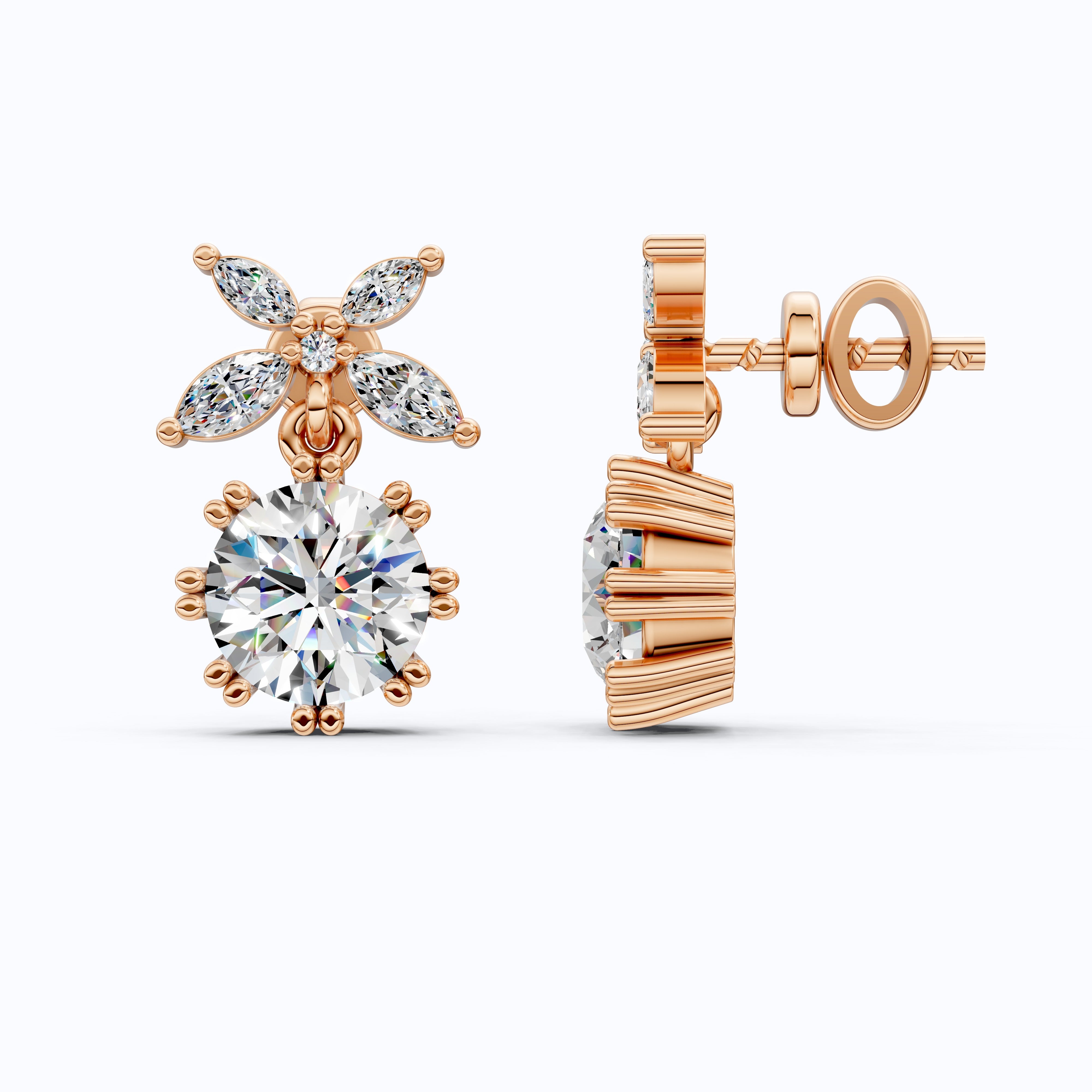 Floral Marquise Cluster Round Drop Earrings in Lab Diamond 18k Solid Gold, Handmade Bridal Gift for Women