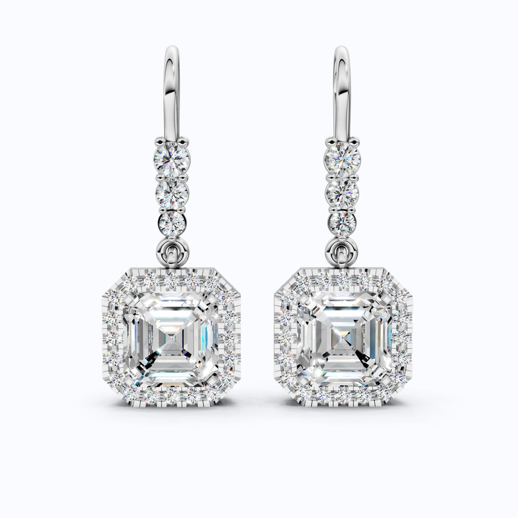 2.00 TCW Asscher Cut Halo Dangle Earrings, Anniversary Earrings