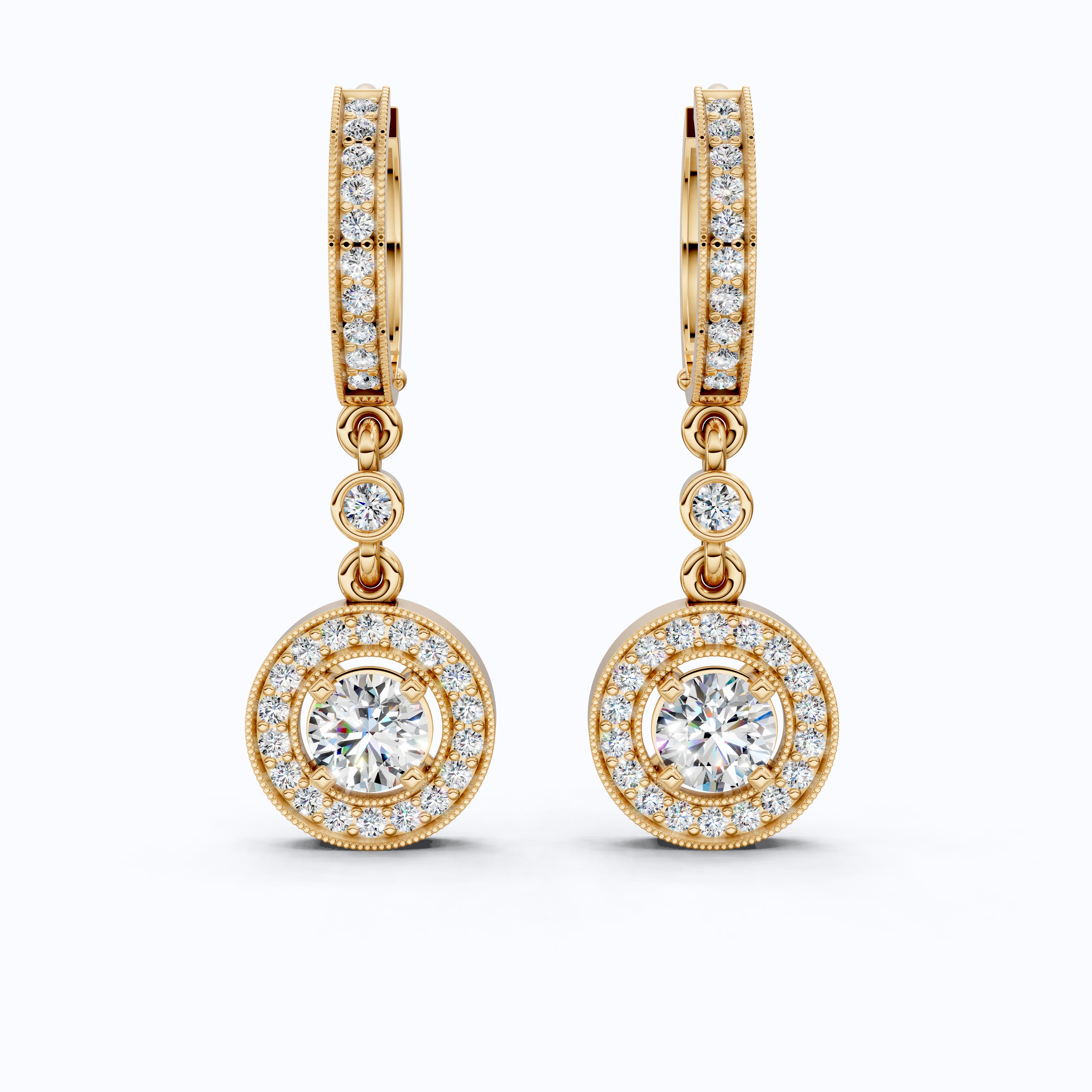 Modern Round Halo Huggie Dangle Wedding Earrings in Lab Diamond-14k Solid Gold, Bridal Jewelry, Anniversary Gift for Wife