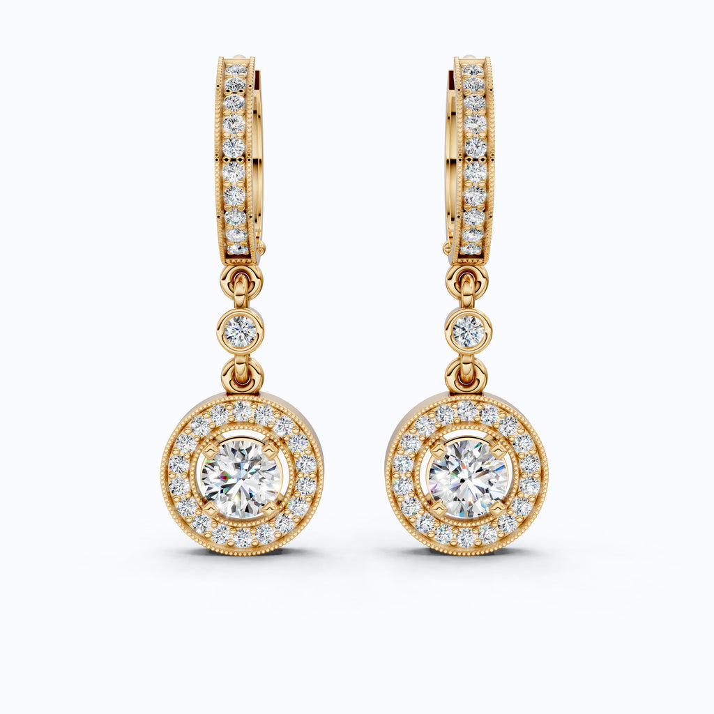 Modern Round Halo Huggie Dangle Wedding Earrings in Lab Diamond-14k Solid Gold, Bridal Jewelry, Anniversary Gift for Wife