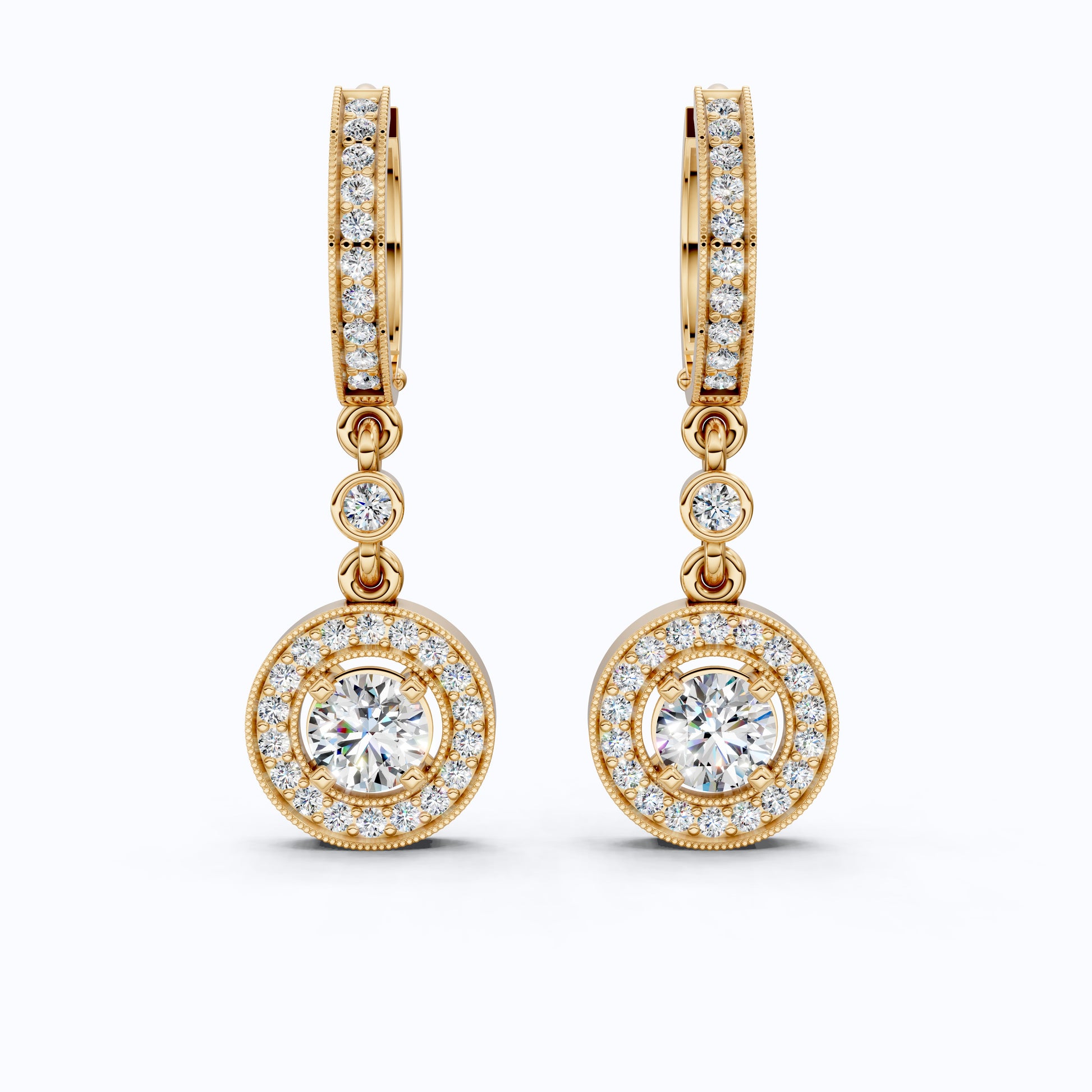 Modern Round Halo Huggie Dangle Wedding Earrings in Lab Diamond-14k Solid Gold, Bridal Jewelry, Anniversary Gift for Wife