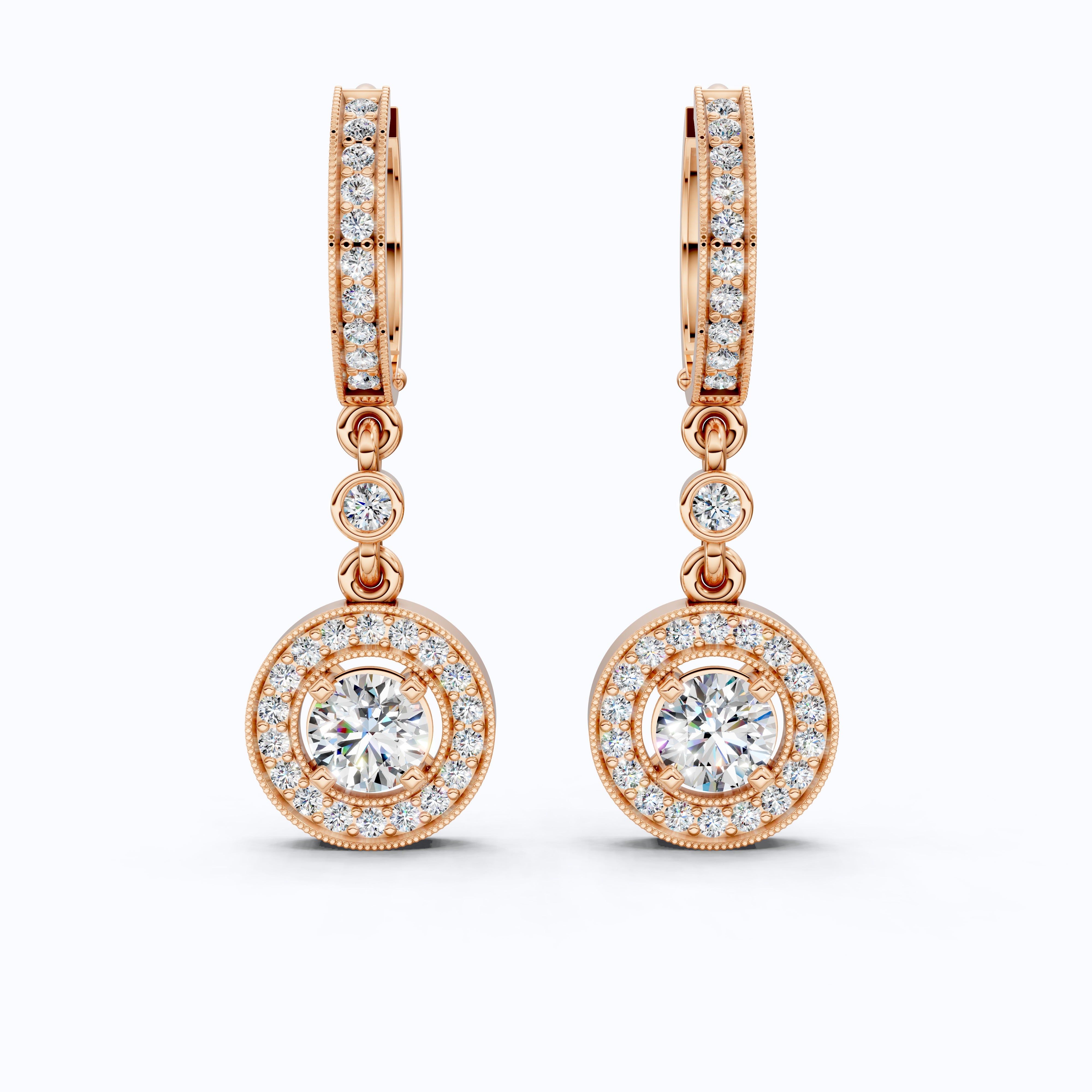 Modern Round Halo Huggie Dangle Wedding Earrings in Lab Diamond-14k Solid Gold, Bridal Jewelry, Anniversary Gift for Wife