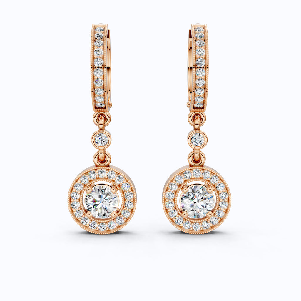 Modern Round Halo Huggie Dangle Wedding Earrings in Lab Diamond-14k Solid Gold, Bridal Jewelry, Anniversary Gift for Wife