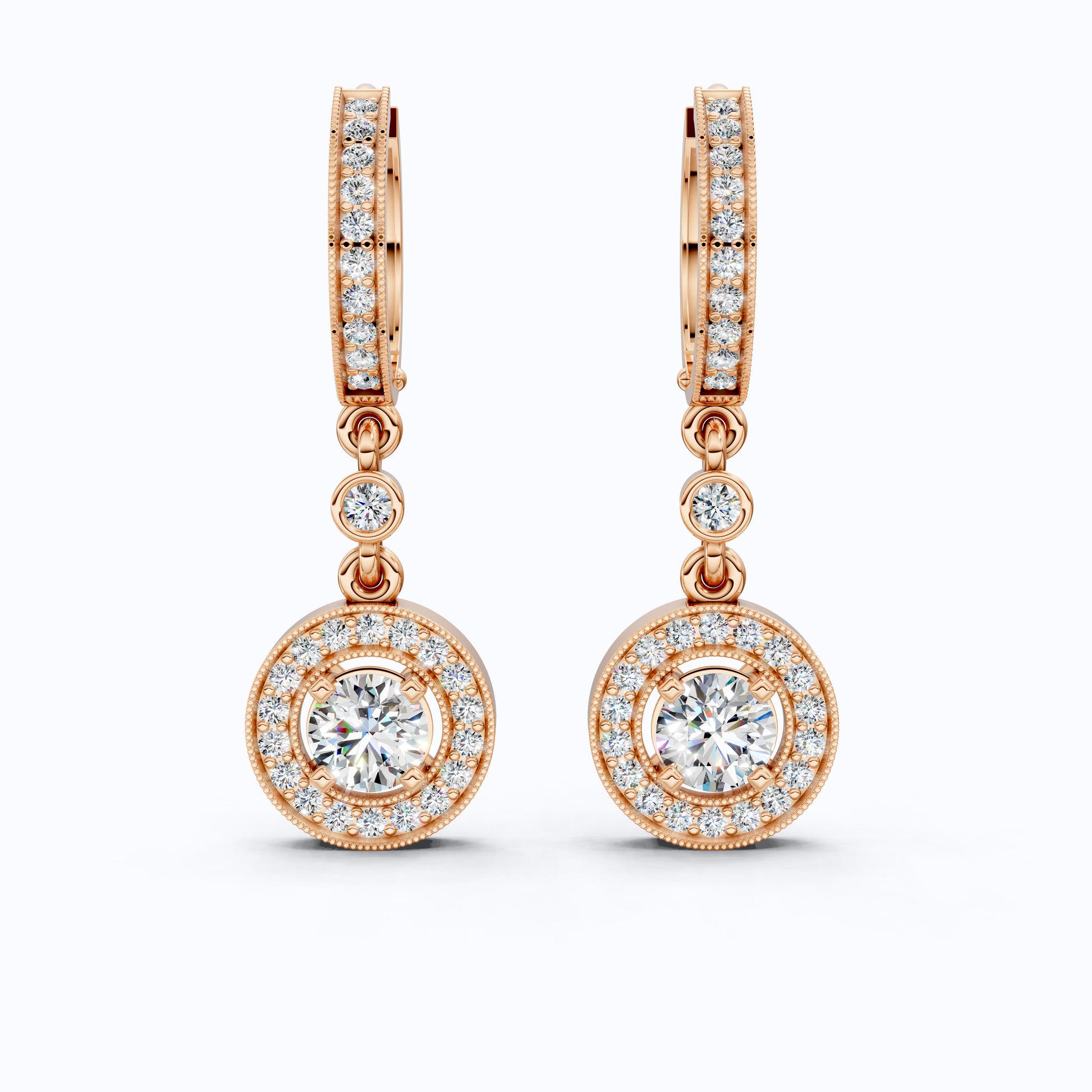 Modern Round Halo Huggie Dangle Wedding Earrings in Lab Diamond-14k Solid Gold, Bridal Jewelry, Anniversary Gift for Wife