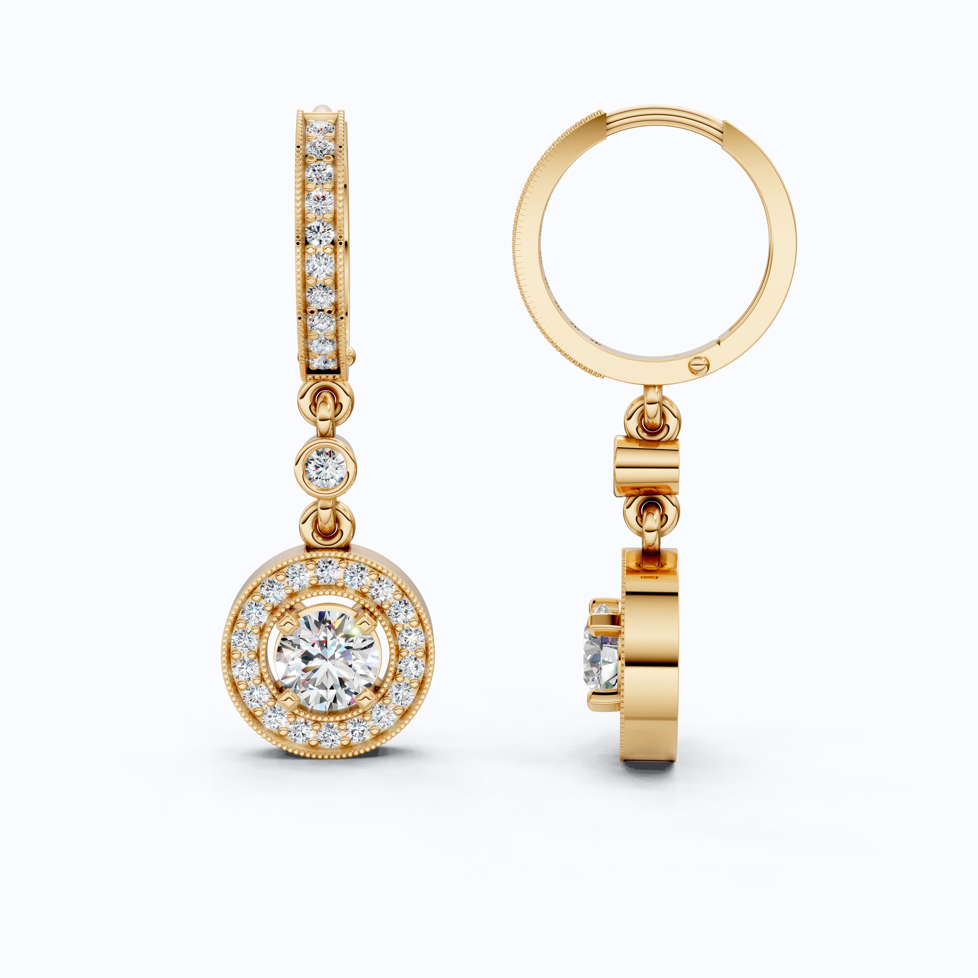 Modern Round Halo Huggie Dangle Wedding Earrings in Lab Diamond-14k Solid Gold, Bridal Jewelry, Anniversary Gift for Wife