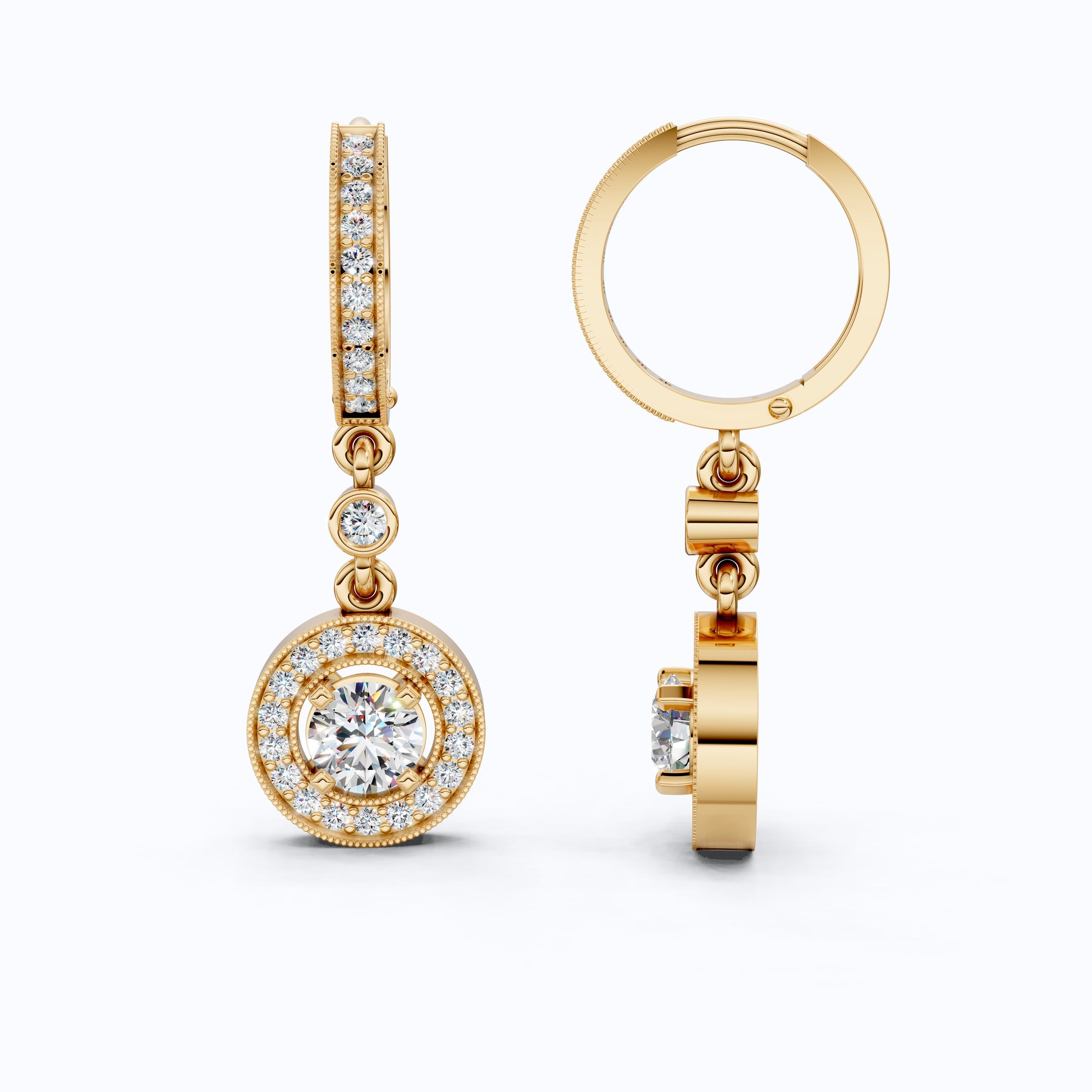 Modern Round Halo Huggie Dangle Wedding Earrings in Lab Diamond-14k Solid Gold, Bridal Jewelry, Anniversary Gift for Wife