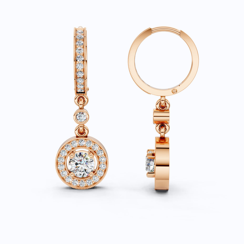 Modern Round Halo Huggie Dangle Wedding Earrings in Lab Diamond-14k Solid Gold, Bridal Jewelry, Anniversary Gift for Wife