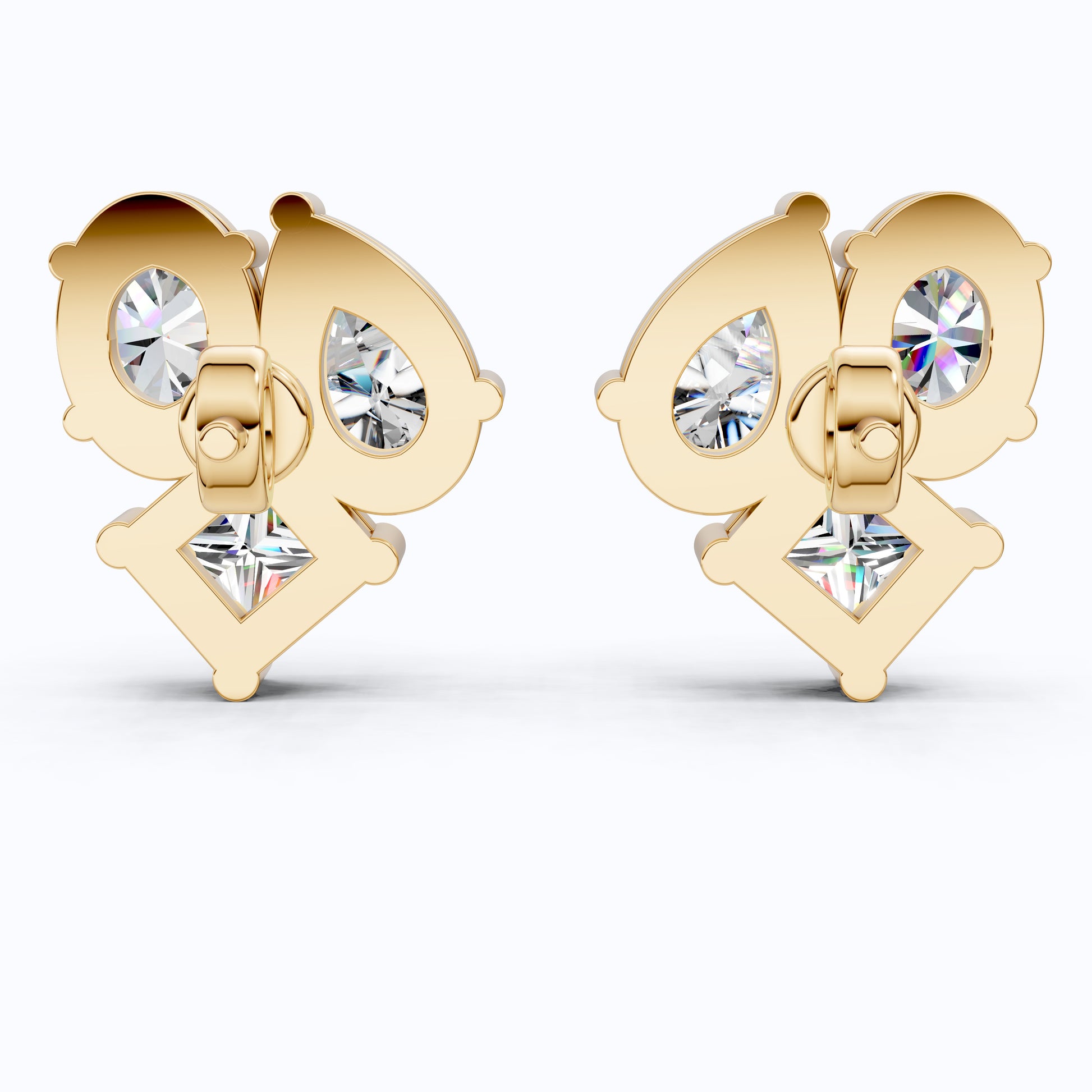 Three Stone Mixed Shape Diamond Look Cluster Stud Earrings in 14k Solid Gold, Bridal Jewelry