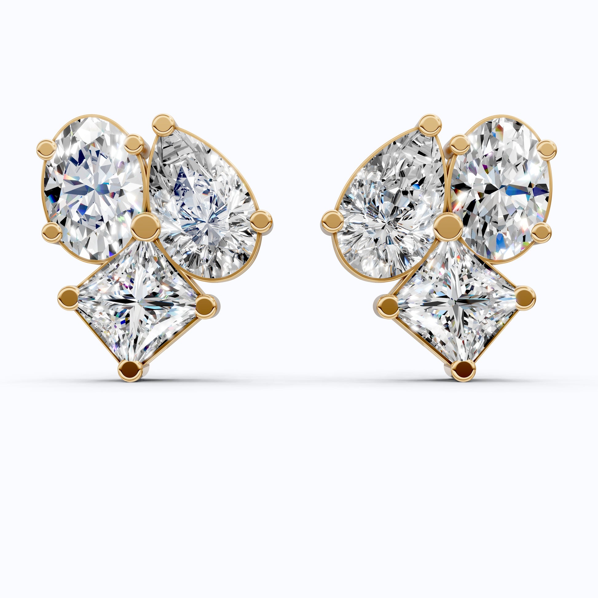 Three Stone Mixed Shape Diamond Look Cluster Stud Earrings in 14k Solid Gold, Bridal Jewelry