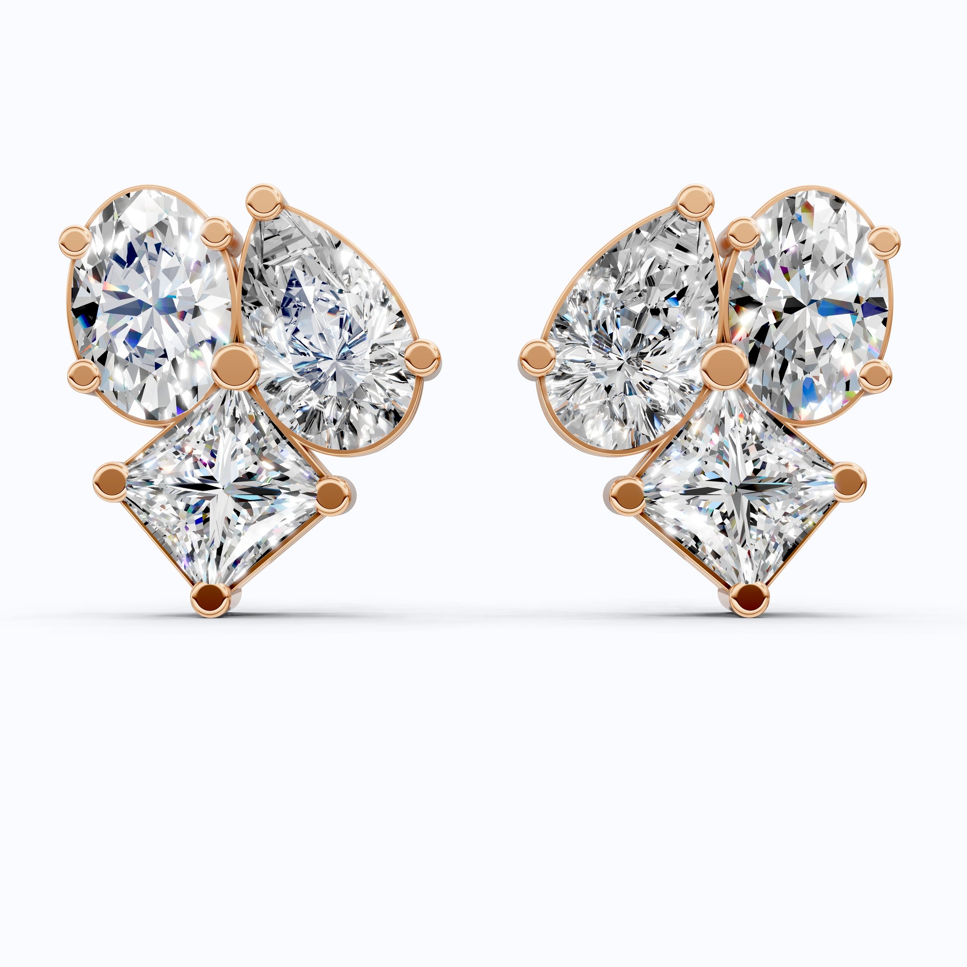 Three Stone Mixed Shape Diamond Look Cluster Stud Earrings in 14k Solid Gold, Bridal Jewelry