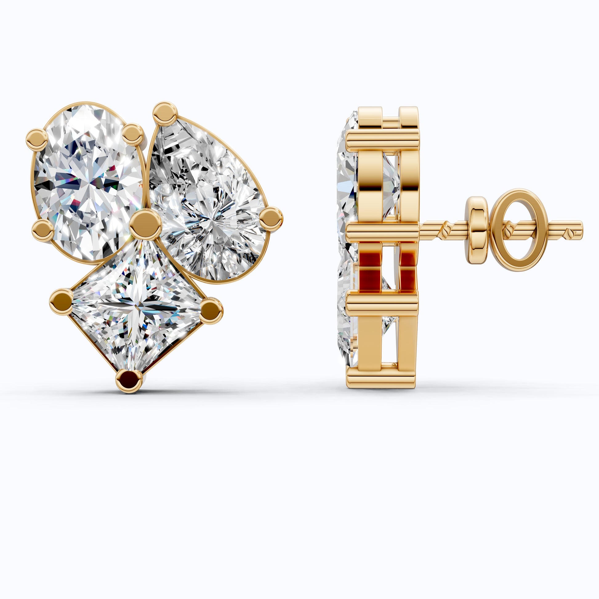 Three Stone Mixed Shape Diamond Look Cluster Stud Earrings in 14k Solid Gold, Bridal Jewelry