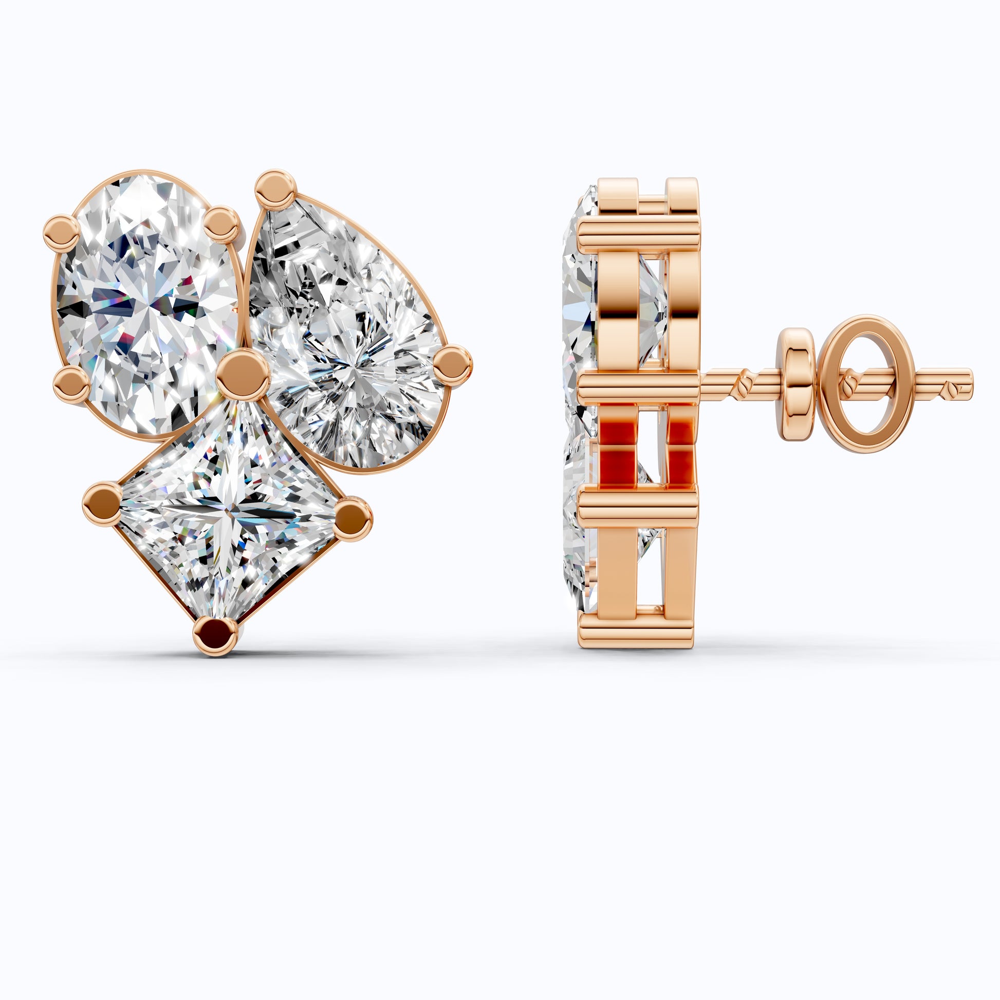 Three Stone Mixed Shape Diamond Look Cluster Stud Earrings in 14k Solid Gold, Bridal Jewelry