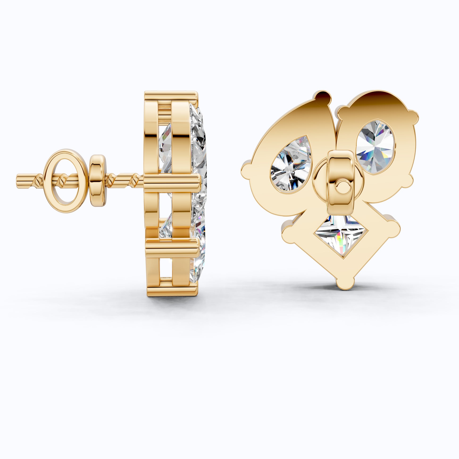 Three Stone Mixed Shape Diamond Look Cluster Stud Earrings in 14k Solid Gold, Bridal Jewelry