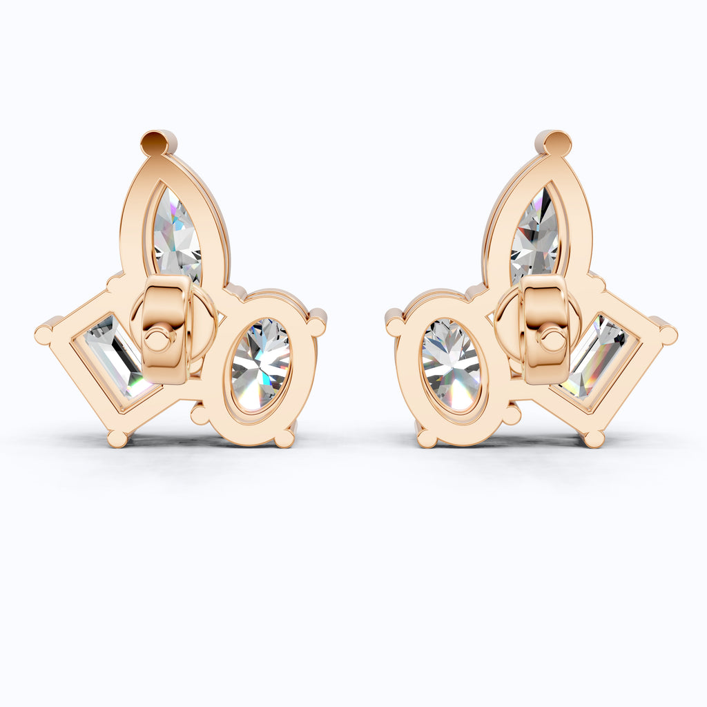 Three Stone Cluster Wedding Earrings in 14k Solid Gold, 3.00 TCW Marquise/Oval/Emerald Cut Lab Grown Diamonds, Trio Stud Earrings For Women, Anniversary Gift
