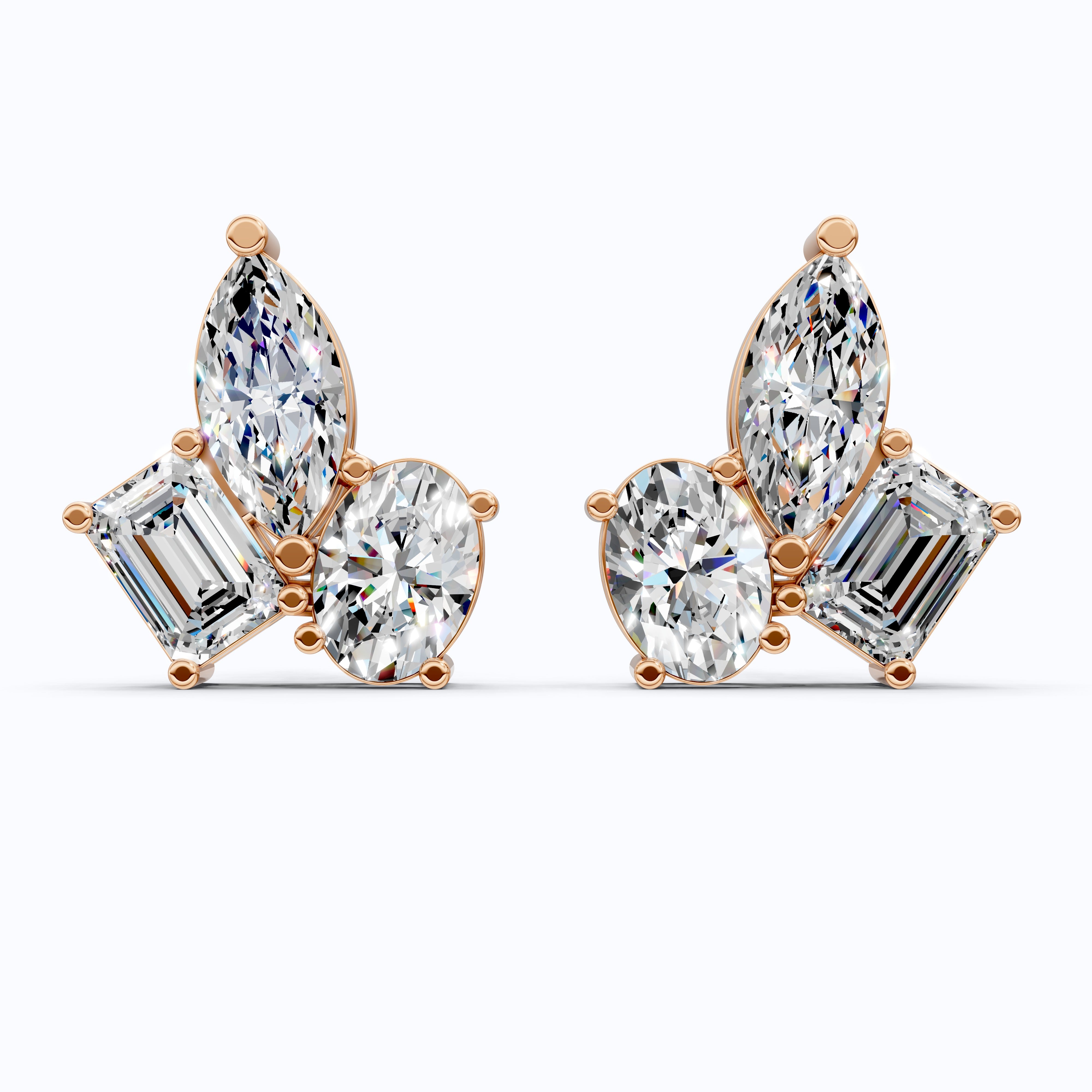 Three Stone Cluster Wedding Earrings in 14k Solid Gold, 3.00 TCW Marquise/Oval/Emerald Cut Lab Grown Diamonds, Trio Stud Earrings For Women, Anniversary Gift