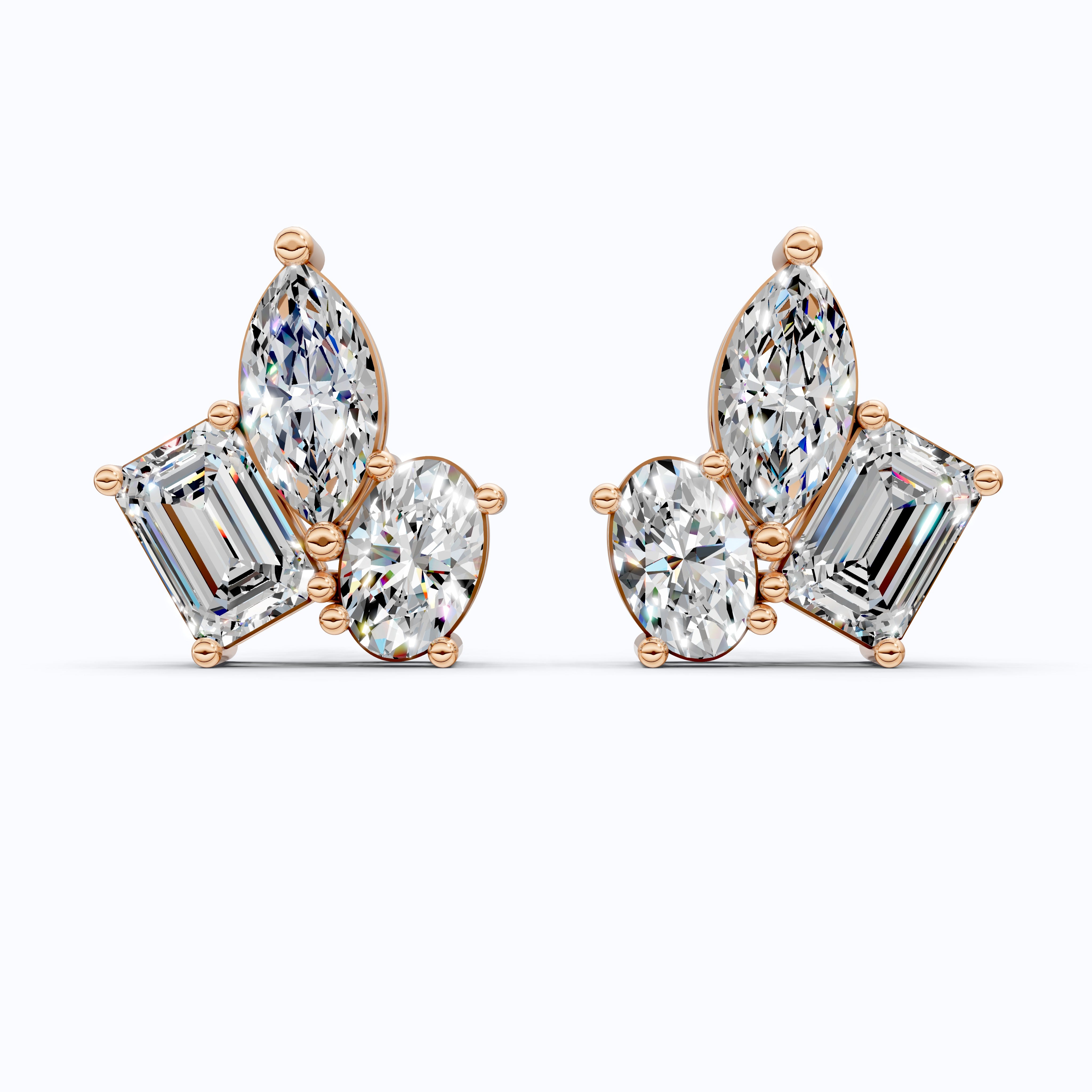 Three Stone Cluster Wedding Earrings in 14k Solid Gold, 3.00 TCW Marquise/Oval/Emerald Cut Lab Grown Diamonds, Trio Stud Earrings For Women, Anniversary Gift