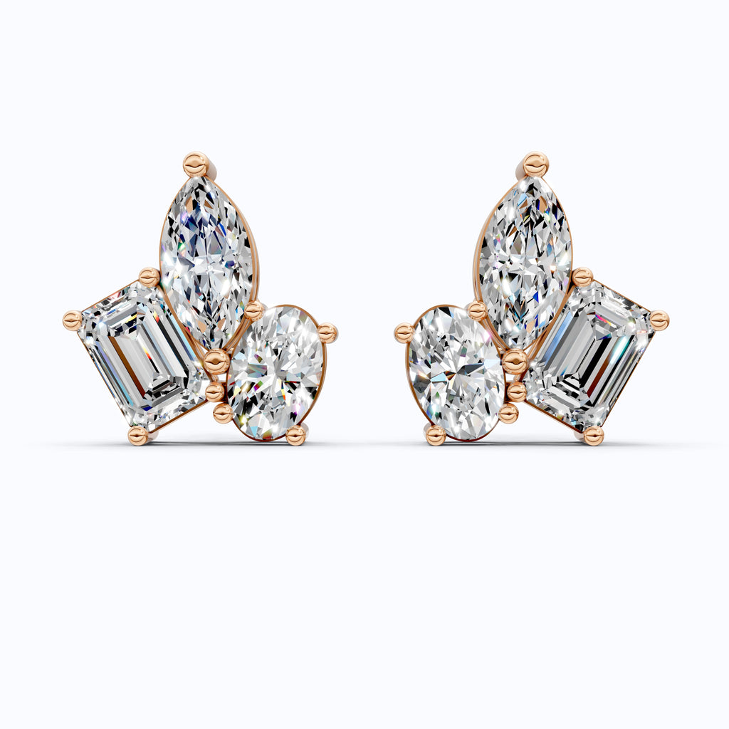 Three Stone Cluster Wedding Earrings in 14k Solid Gold, 3.00 TCW Marquise/Oval/Emerald Cut Lab Grown Diamonds, Trio Stud Earrings For Women, Anniversary Gift