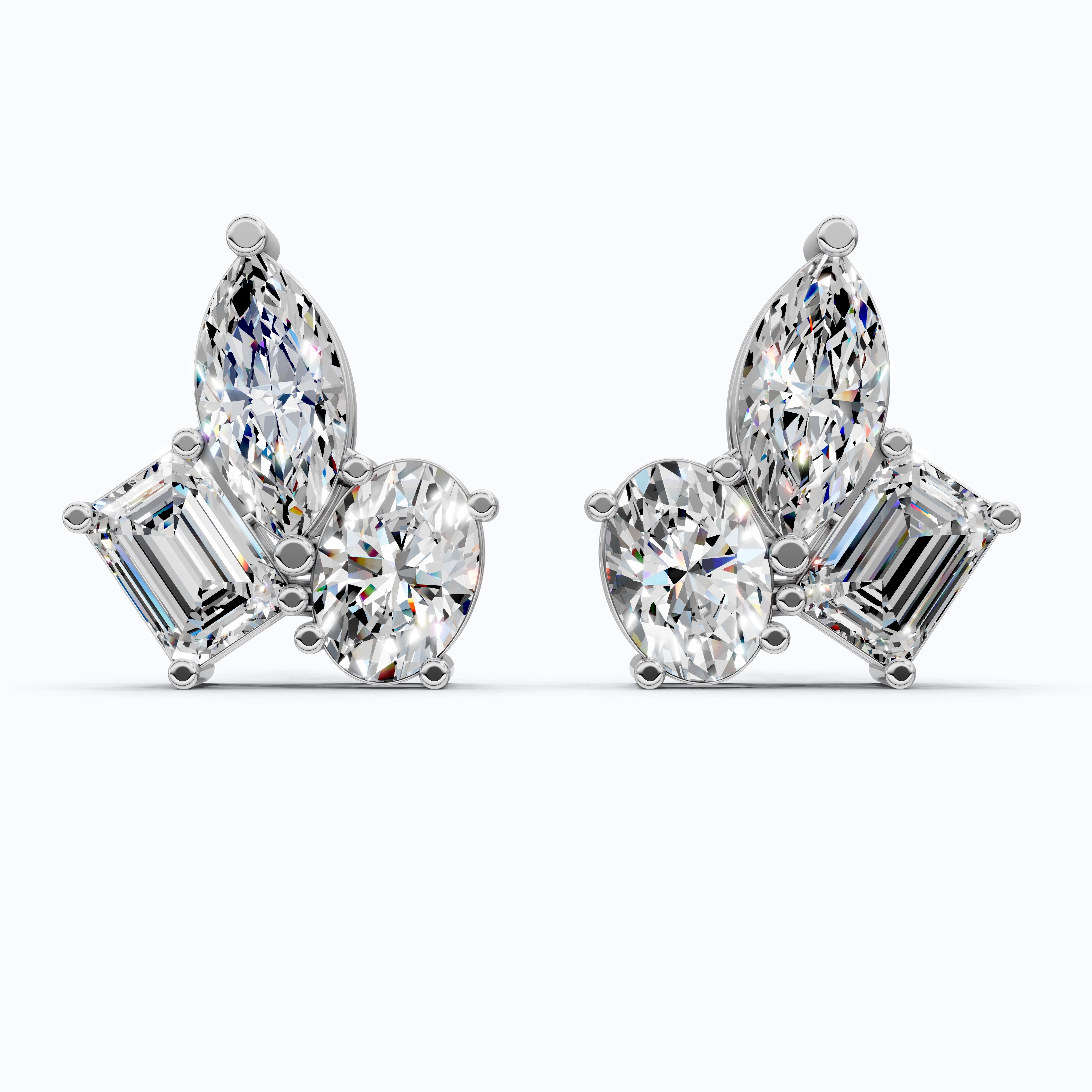Three Stone Cluster Wedding Earrings in 14k Solid Gold, 3.00 TCW Marquise/Oval/Emerald Cut Lab Grown Diamonds, Trio Stud Earrings For Women, Anniversary Gift