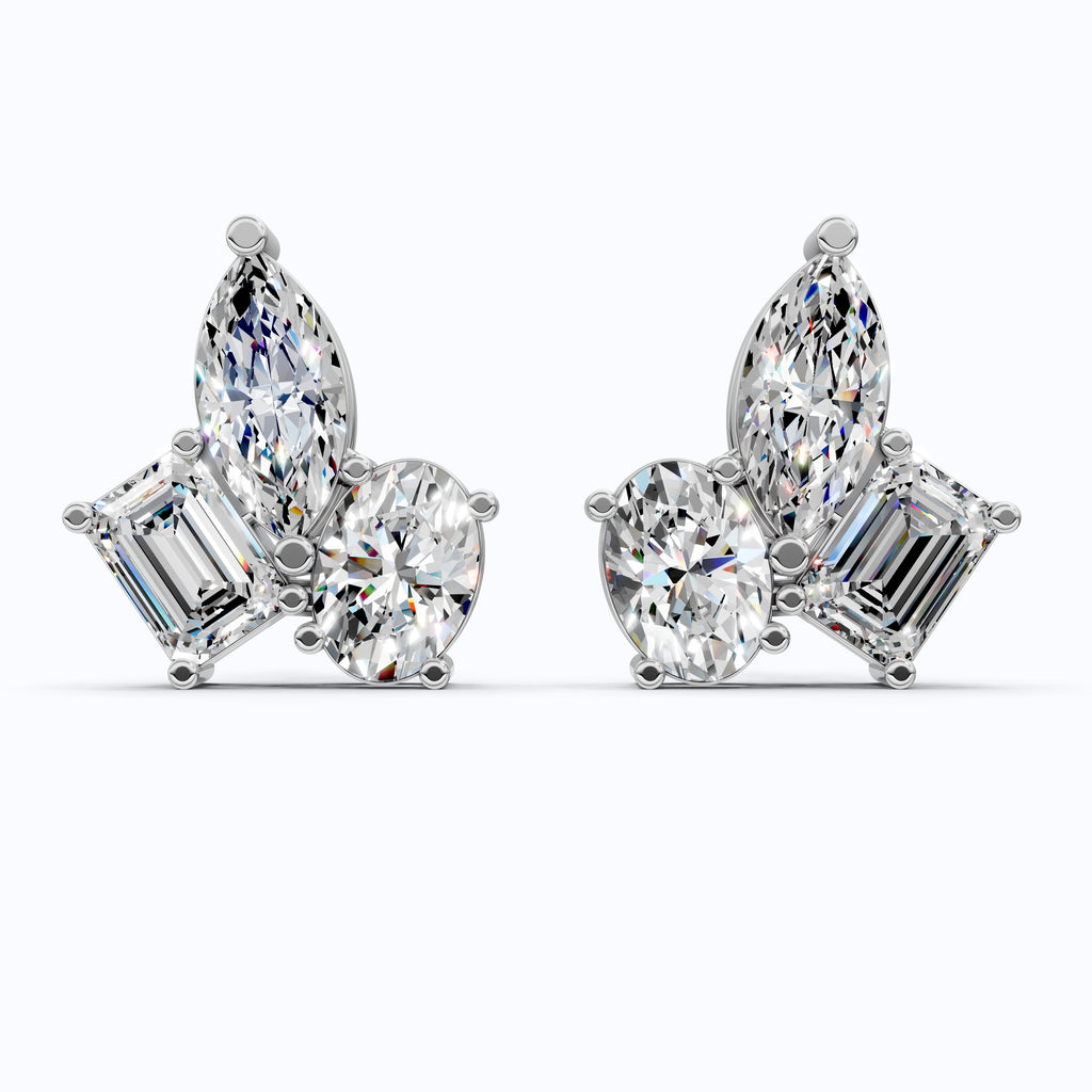 Three Stone Cluster Wedding Earrings in 14k Solid Gold, 3.00 TCW Marquise/Oval/Emerald Cut Lab Grown Diamonds, Trio Stud Earrings For Women, Anniversary Gift
