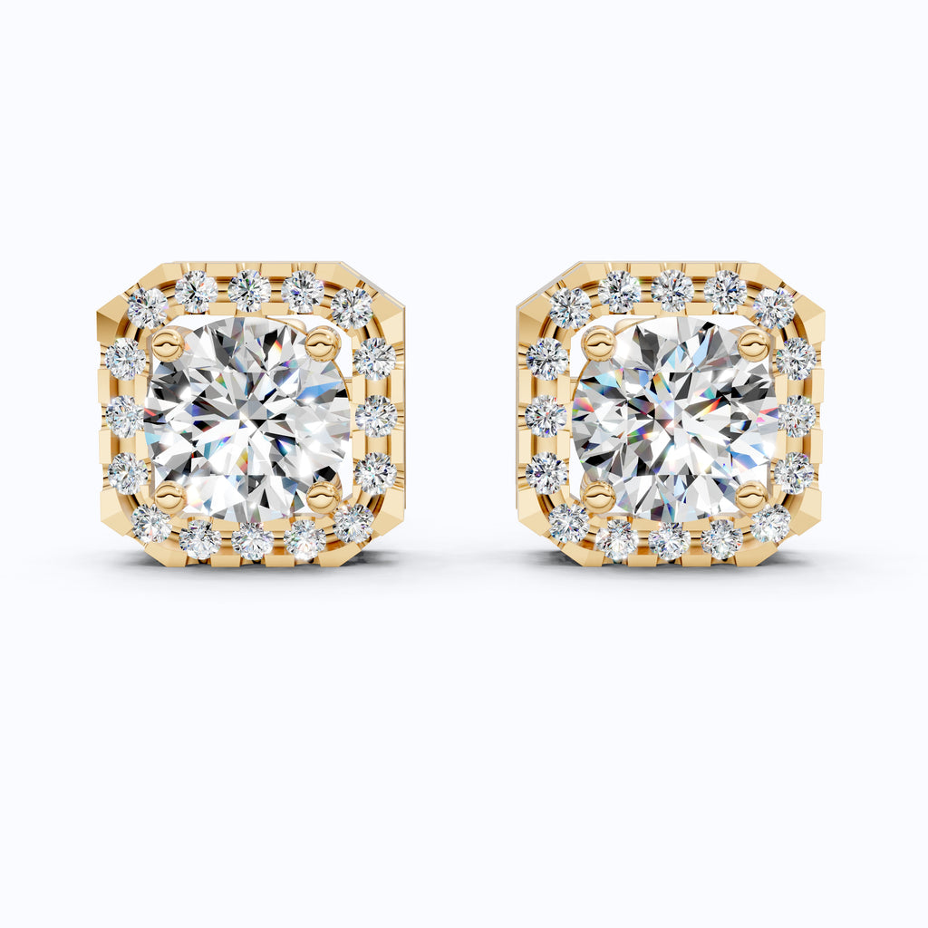Geometric Halo Wedding Earrings in Lab Grown Diamond – 14k Solid Gold, Unique Stud Earrings For Women, Anniversary Gift, Bridal Jewelry