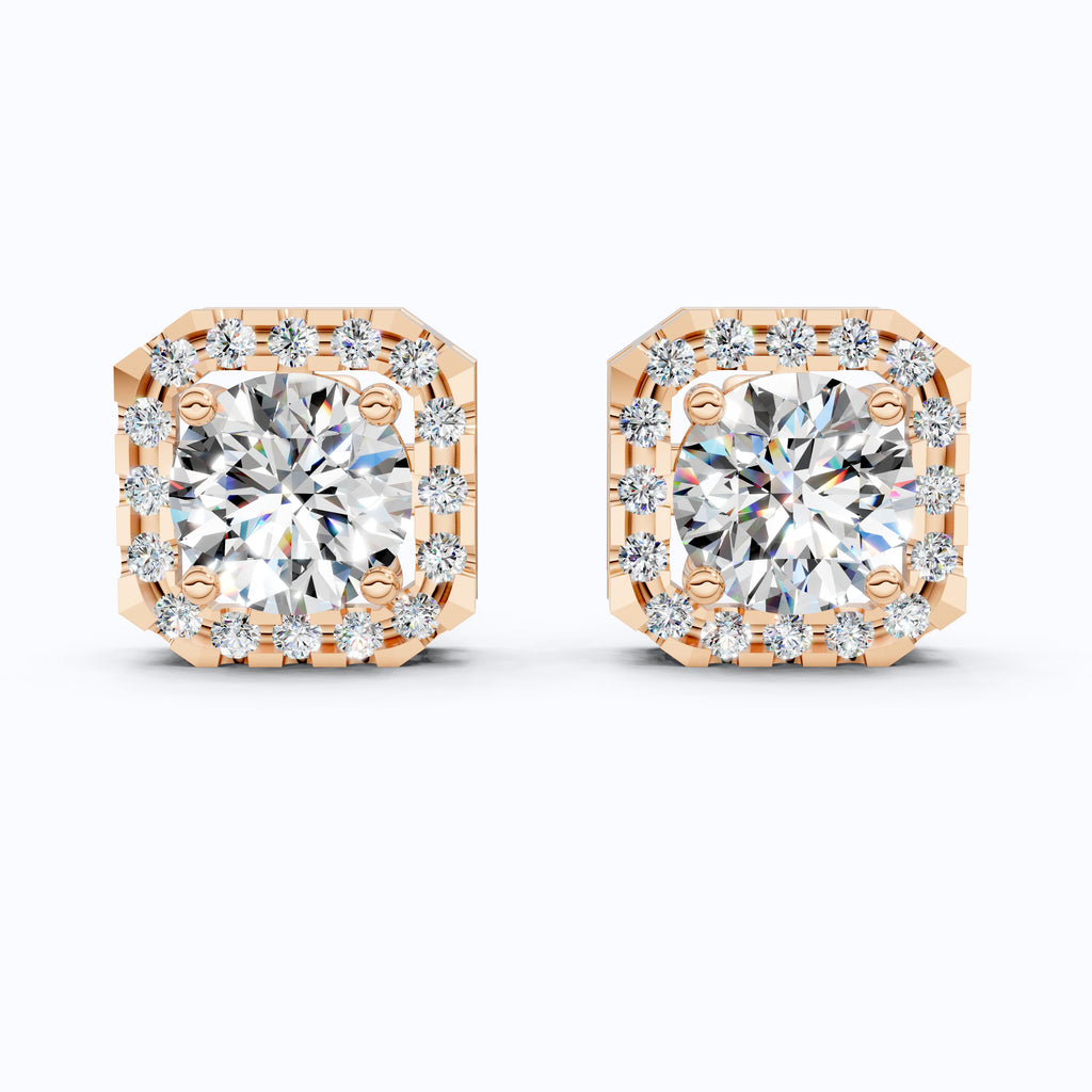 Geometric Halo Wedding Earrings in Lab Grown Diamond – 14k Solid Gold, Unique Stud Earrings For Women, Anniversary Gift, Bridal Jewelry
