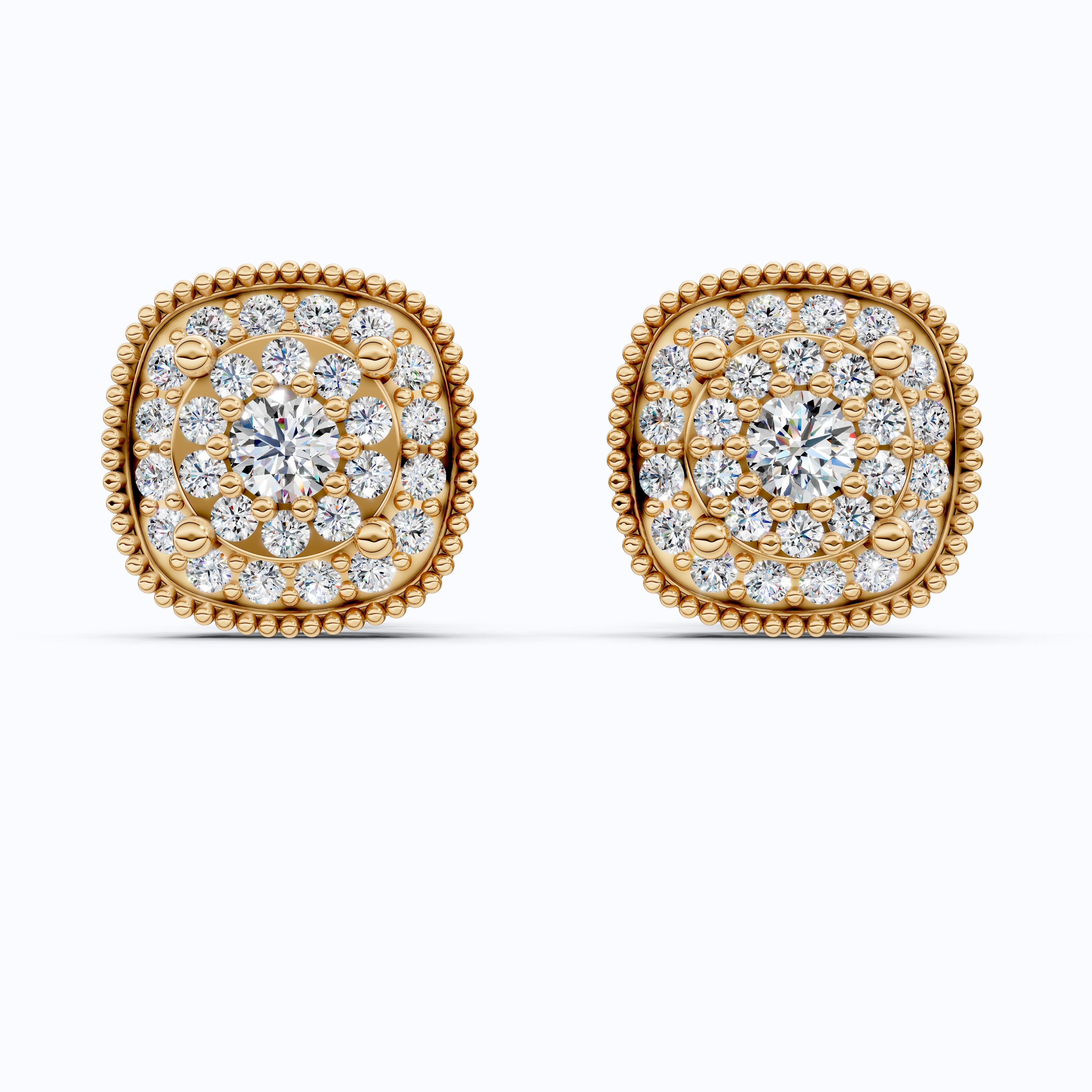 Vintage Cushion Shaped Cluster Halo Wedding Earrings with Beaded Edge in Lab Grown Diamond 14k Solid Gold, Wedding Gift for Her, Handmade Milgrain Earrings